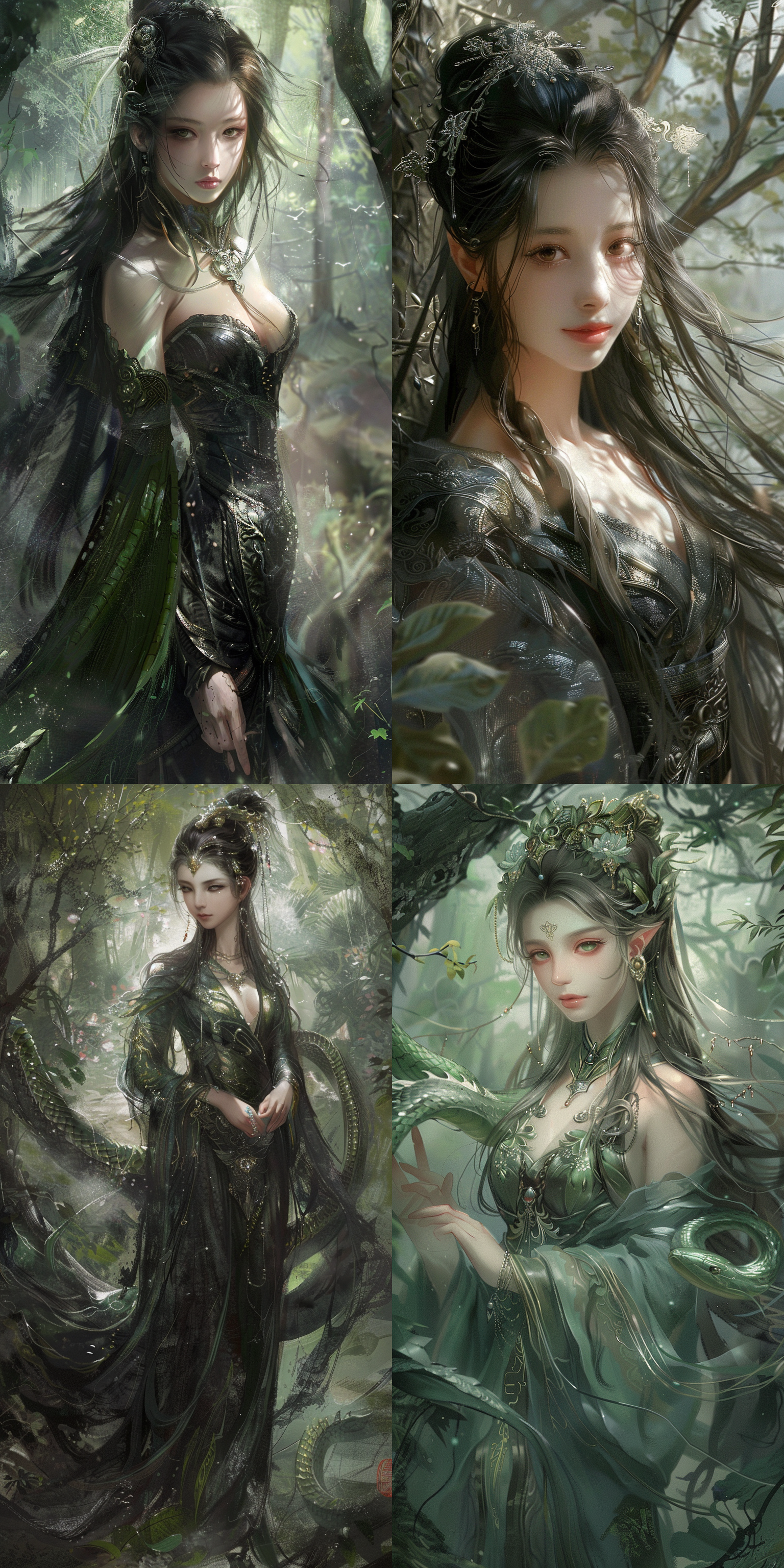 中国古代女孩，仙侠风格，人头蛇身，神秘森林中，仙气飘逸，长发披肩，瞳孔幽深，环顾四周，银色鳞片，暖色调，2.5d画风，全身镜头，微笑，神秘。