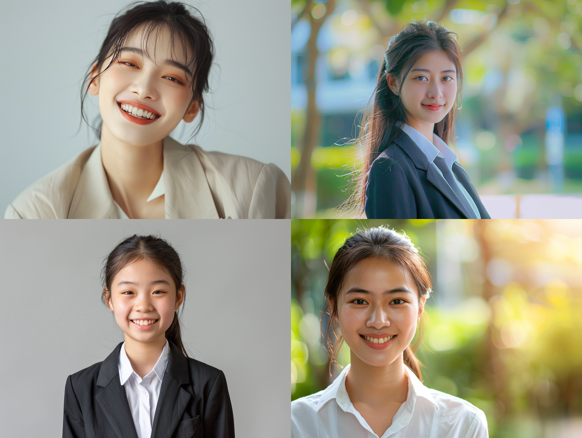 年轻中国女孩，正面，职业装，干净背景，自信微笑，柔和照明，中焦镜头，柔光，自然动作，纯净色彩，积极。