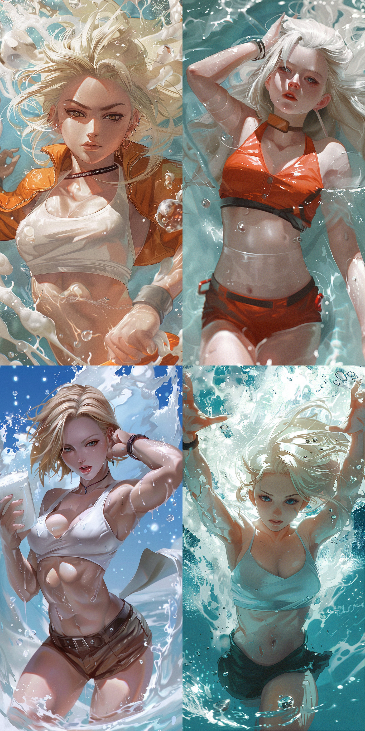 android 18,dragon ball,white skin.mai,king of fighters,white skin.both are swimming in milk.