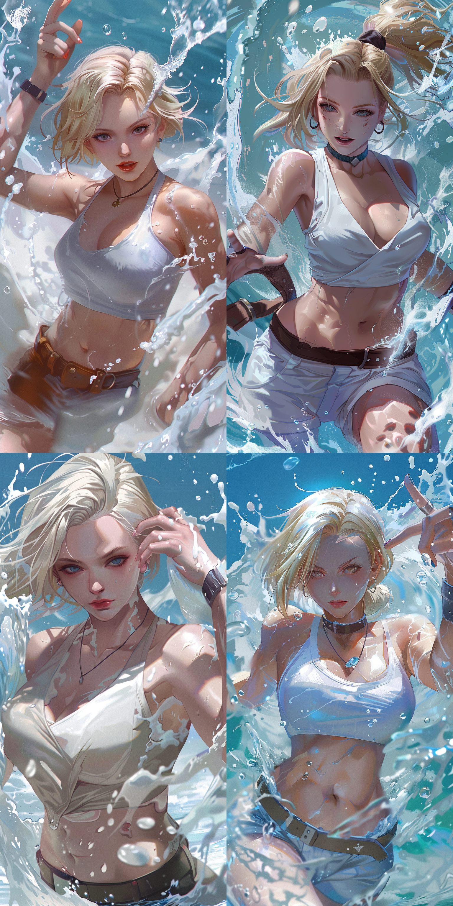 android 18,dragon ball,white skin.mai,king of fighters,white skin.both are swimming in milk.
