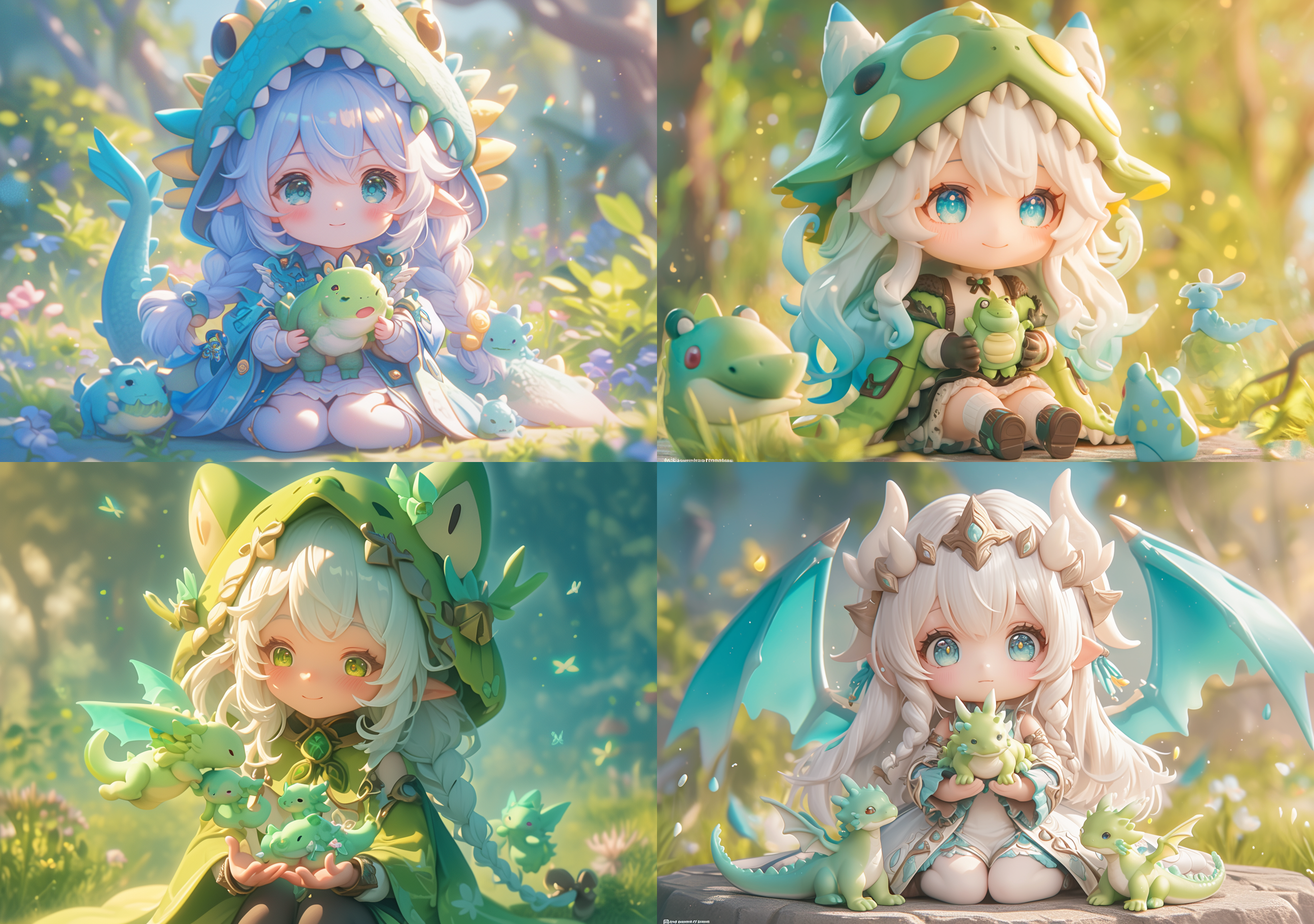 cute anime-style girl with a dragon-shaped hat, holding tiny green dragons in her hands, sitting on the ground surrounded by nature with pastel colors. the figure has a nendoroid style with a blurred background. it has a 3d cartoon character design with detailed facial features and eyes. the image is high resolution with clear focus and natural lighting. it uses a vibrant color palette with white space around the characters. the photography appears to be professional studio quality.
