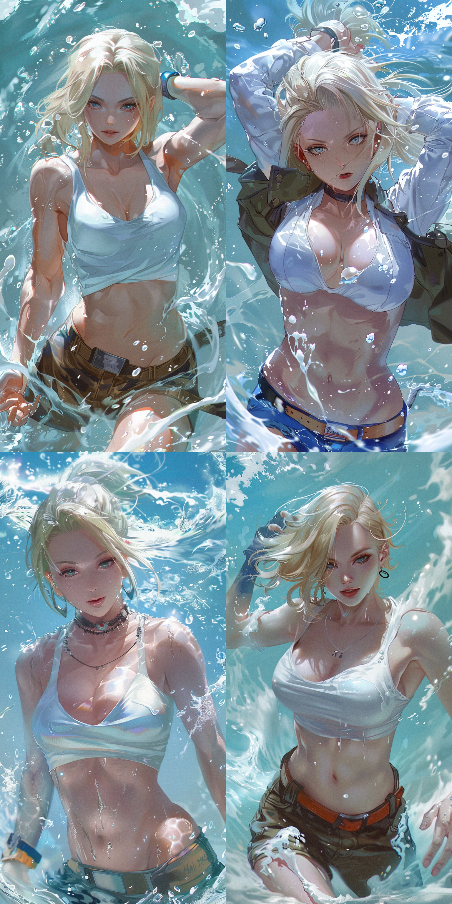 android 18,dragon ball,white skin.mai,king of fighters,white skin.both are swimming in milk.