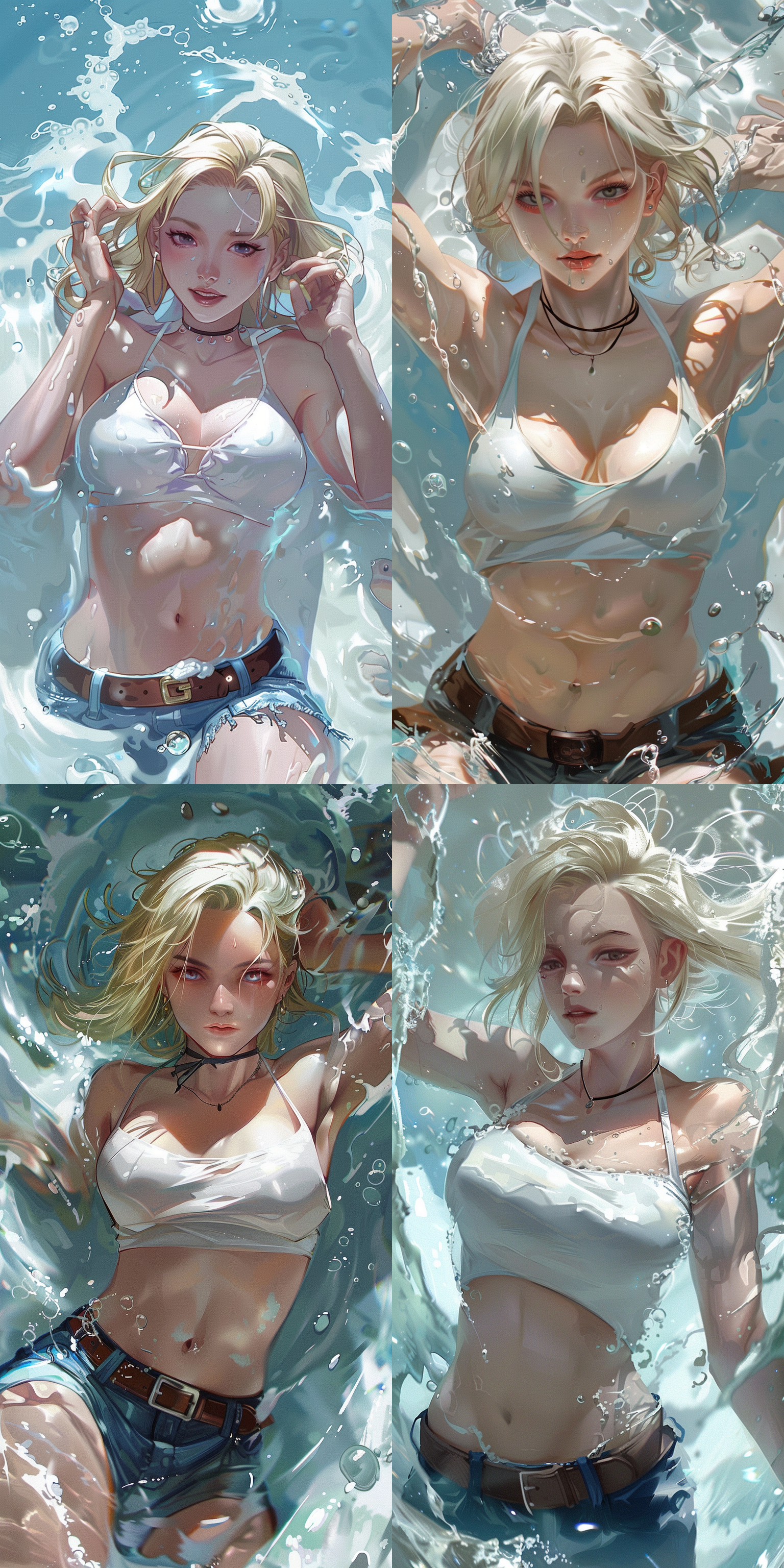 android 18,dragon ball,white skin.mai,king of fighters,white skin.both are swimming in milk.