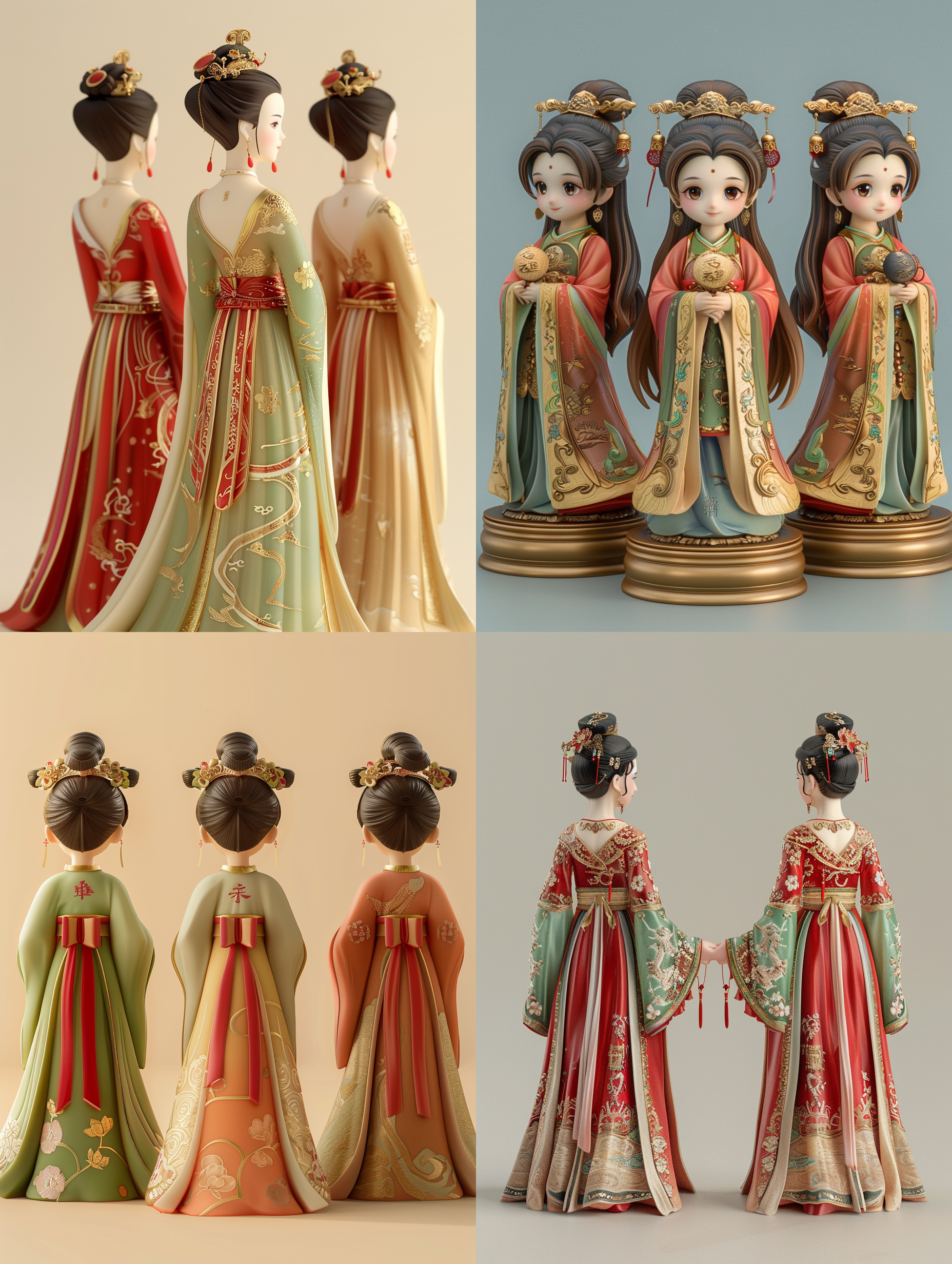 三视图，正面，侧面，背面，3d,c4d，q版盲盒，三头身，chinese ancient beauty, look back at sb. and smile, lean back slightly, hold a baijiu (ex dance), wear red, gold and green chinese traditional clothing, tang dynasty women hairstyle, graceful, plump, cute, standing, full body, chinese style blind box design, clay material, pop mart blind box, 3d art, c4d, oc render, best quality, super details, 8k, clean background
