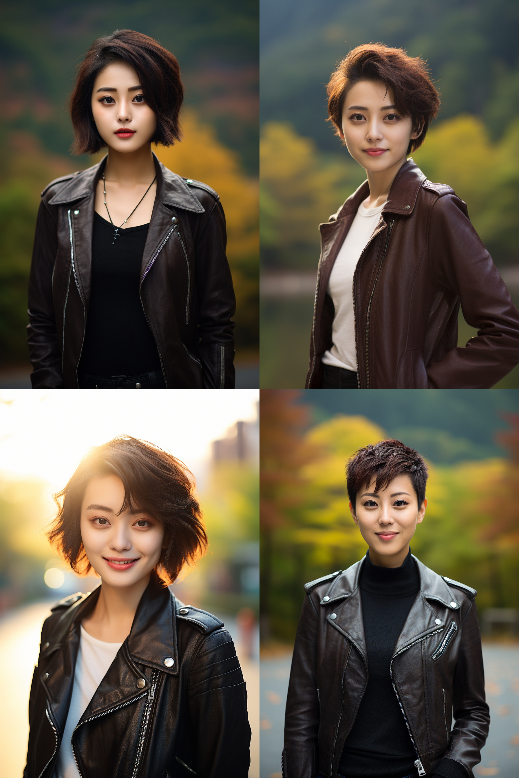 中国短发女孩，穿皮衣，明亮光线，摄影图 清新自然，户外风景，肖像模式，中焦镜头，微笑，自然姿态，色彩鲜艳，快门优先，放松自然