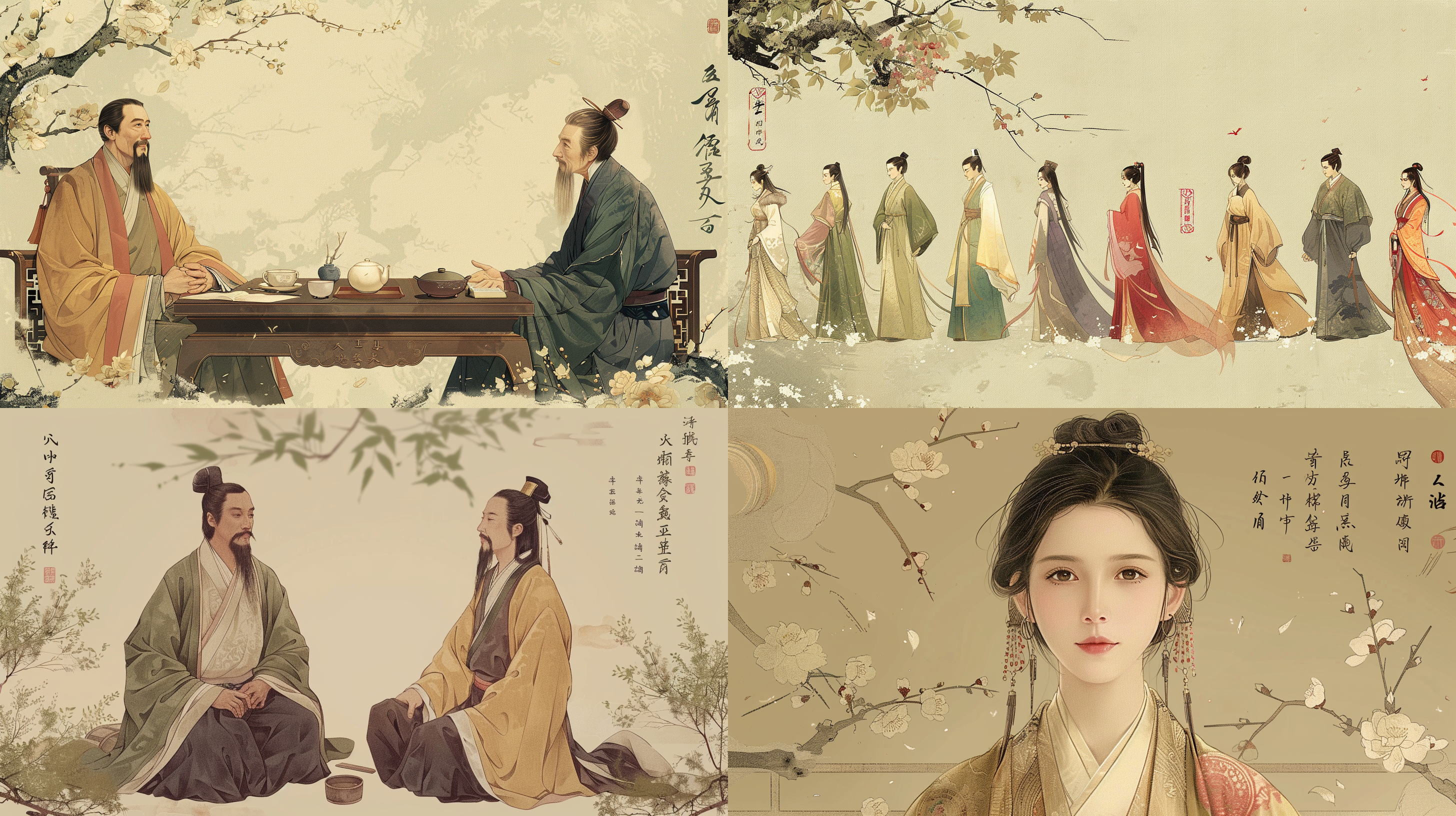 中医把脉，专注神情，古代服饰，干净背景，全景，国风，扁平插画，古典色调，细节描绘，肖像风格，情感交流。