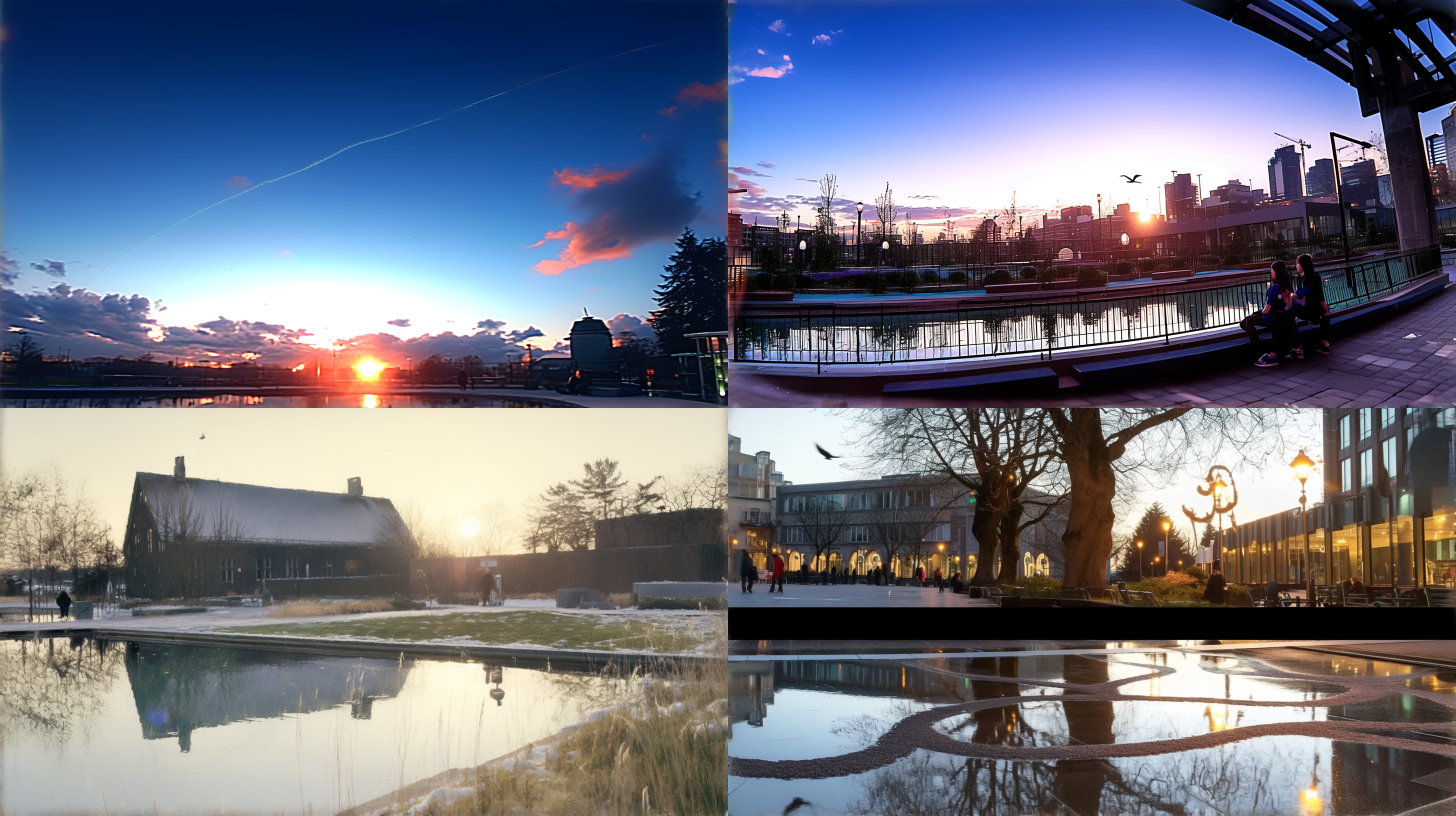 a body of water with a building in the background at sunset or dawn with a bird flying over it, an impressionist painting, academic art, sunset, alfred east