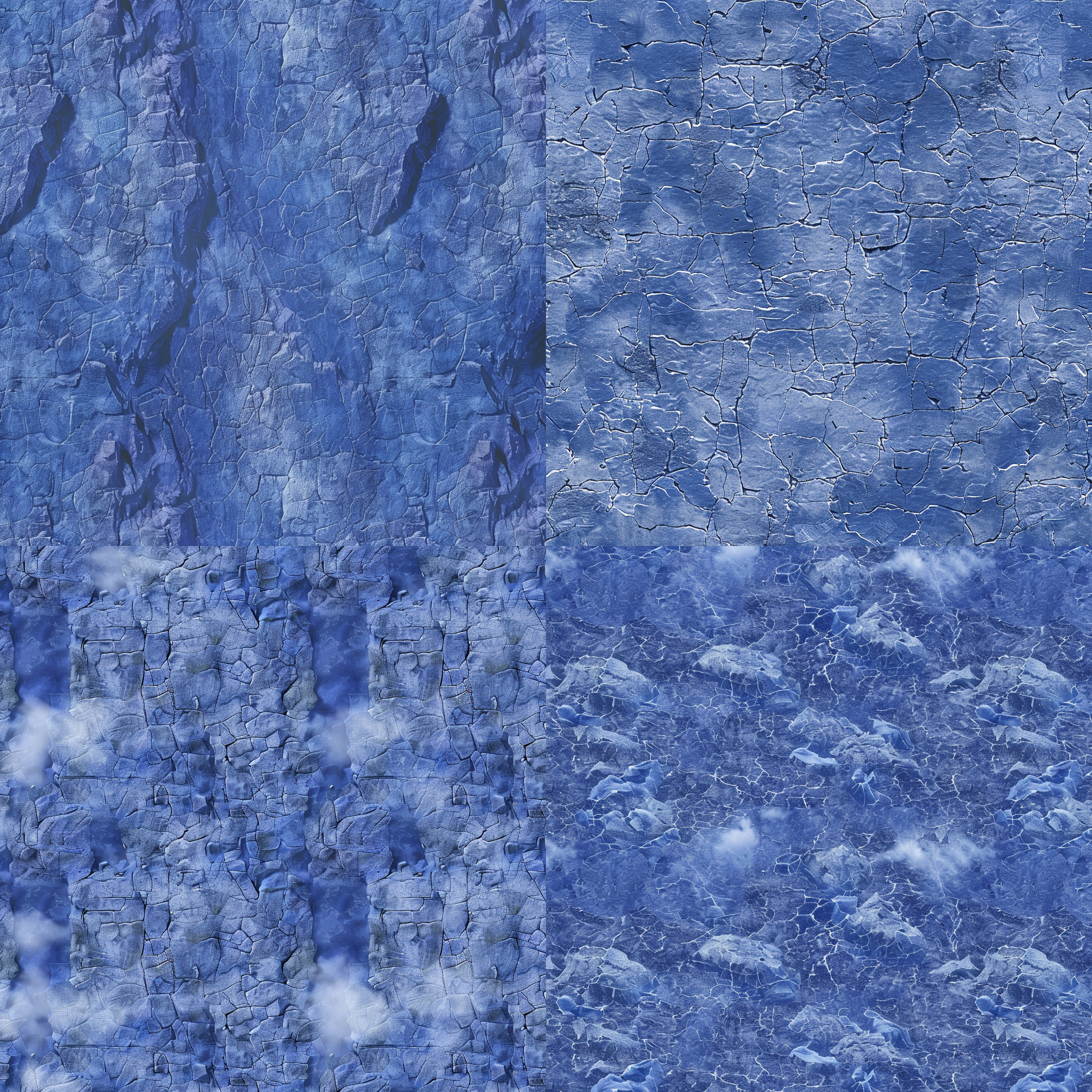 蓝色背景，小岩石图案，蓝天，云朵，哑光，数字渲染，alberto burri，后极简主义，风景，静态，几何形状，冷色调。