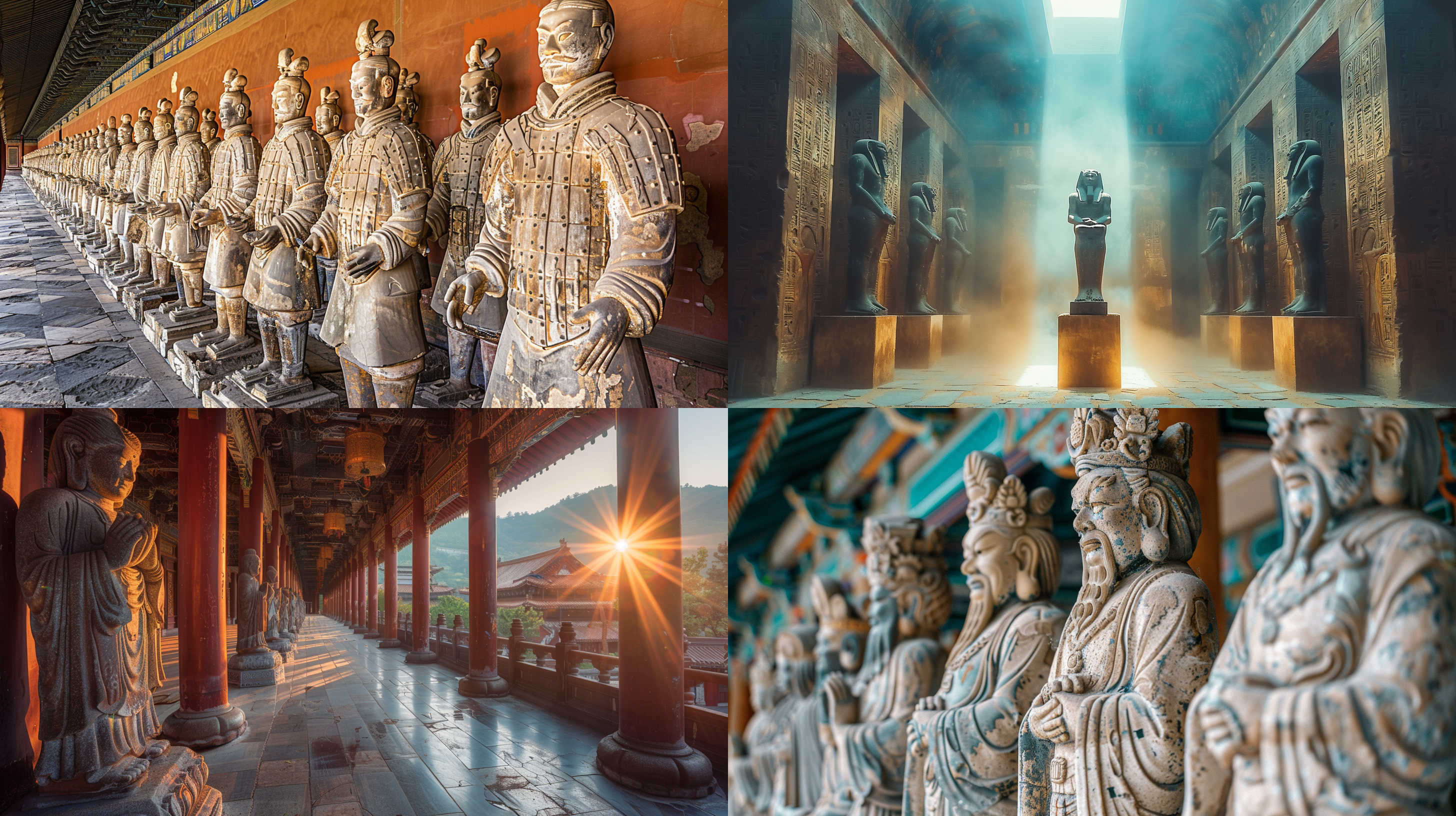 上古神灵屹立在大殿之中，庄严而威严。大殿的布局呈现对角线构图，突显神灵的力量与威严。采用广角镜头拍摄，将整个场景一览无余。明亮的侧光照射下，神灵们的身影透露出神秘而庄重的氛围。色调以深沉的暖色调为主，彰显出神灵的威严与神性。