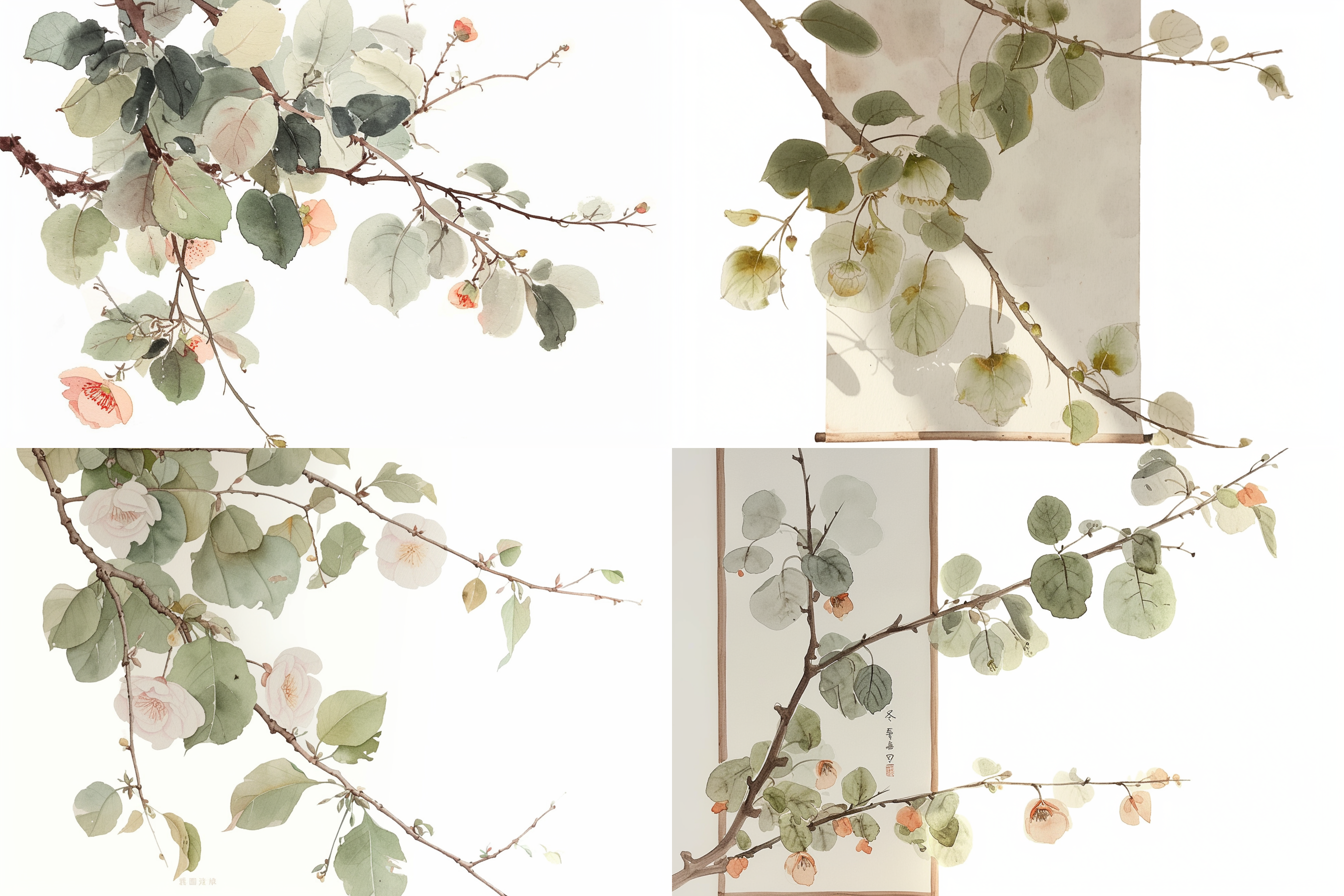 中国水彩花卉，清新的画面，细腻的笔触，充满生机的花朵，柔和的色彩过渡。悬挂在白色墙壁上，展现出传统的中国文化和艺术魅力。水彩纸质感明显，绘画技巧独特，细节精致。水彩画家的手势和表情透露着专注和创造力。