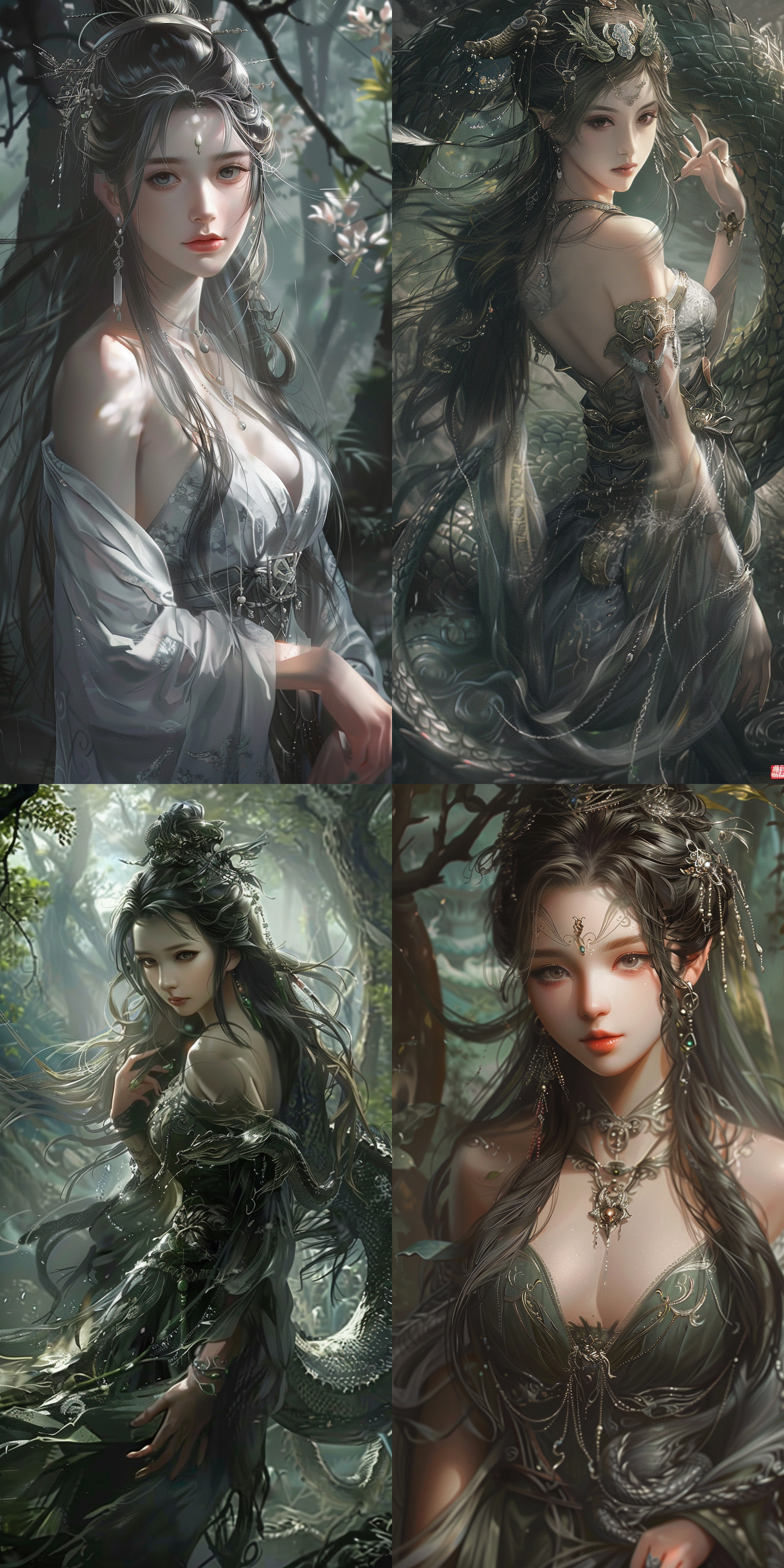 中国古代女孩，仙侠风格，人头蛇身，神秘森林中，仙气飘逸，长发披肩，瞳孔幽深，环顾四周，银色鳞片，暖色调，2.5d画风，全身镜头，微笑，神秘。