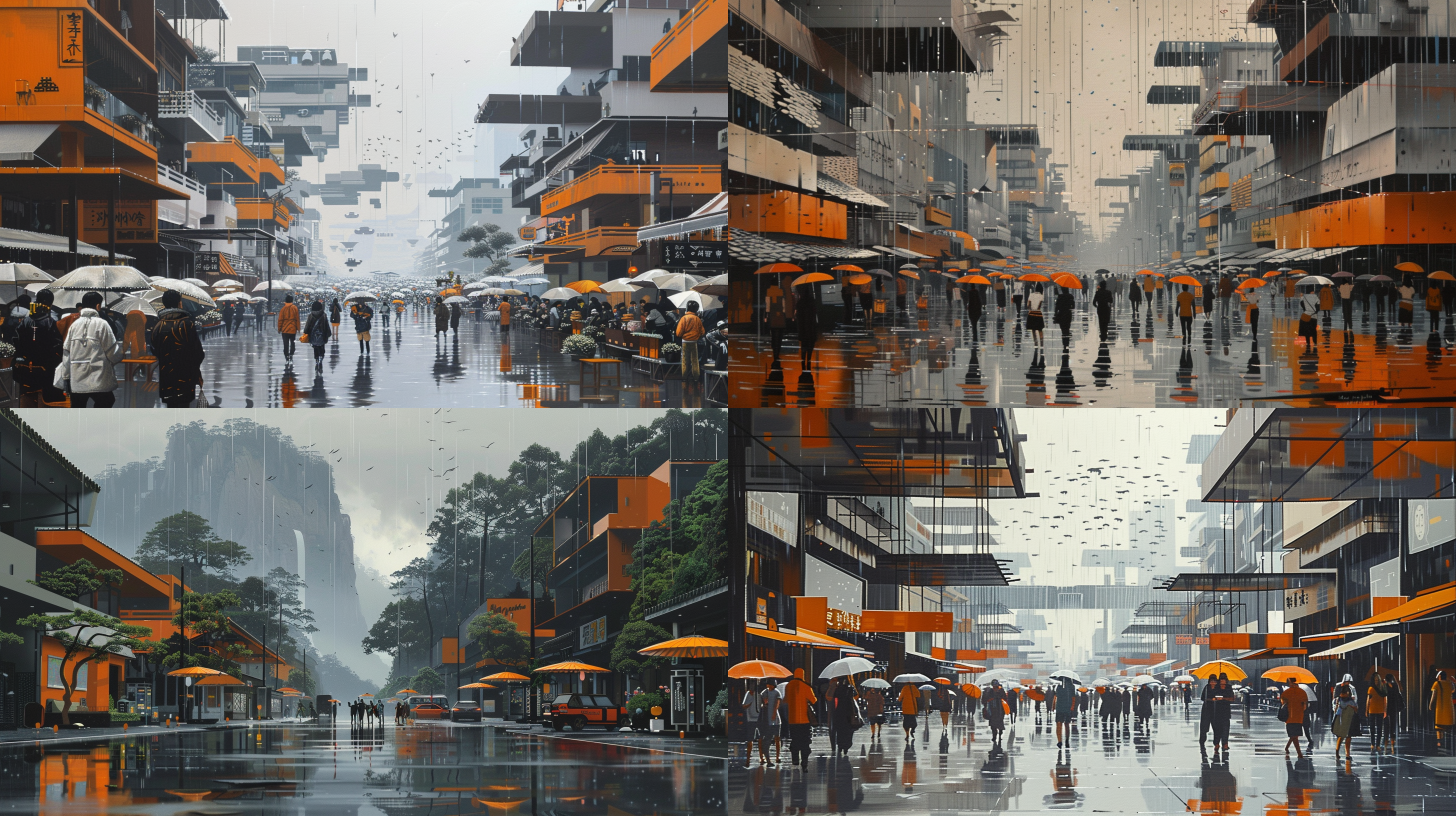 商业街景，禅宗美学，抽象主义，立体主义，32k，拥挤村民行走，潮湿黑暗，迁移，高度详细，greg rutkowski风格，油画风格，乔治·库拉索影响，笔触精细，极简主义，日本风格，商队，灰色调，充满活力。