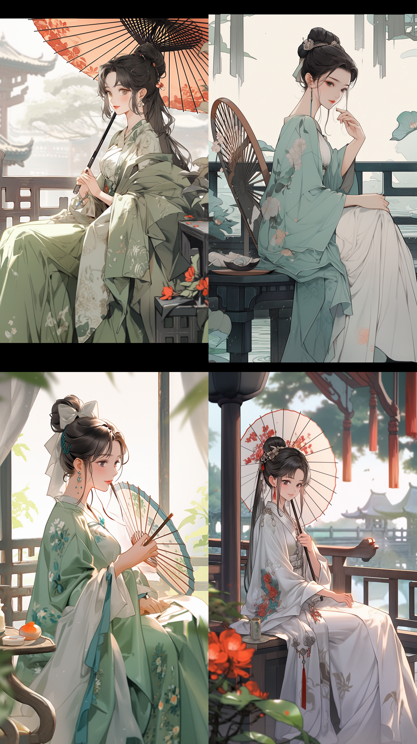 宫崎骏风格，在乌镇，江南水乡，有一位穿中式旗袍的美女，手拿扇子，坐在亭子里。