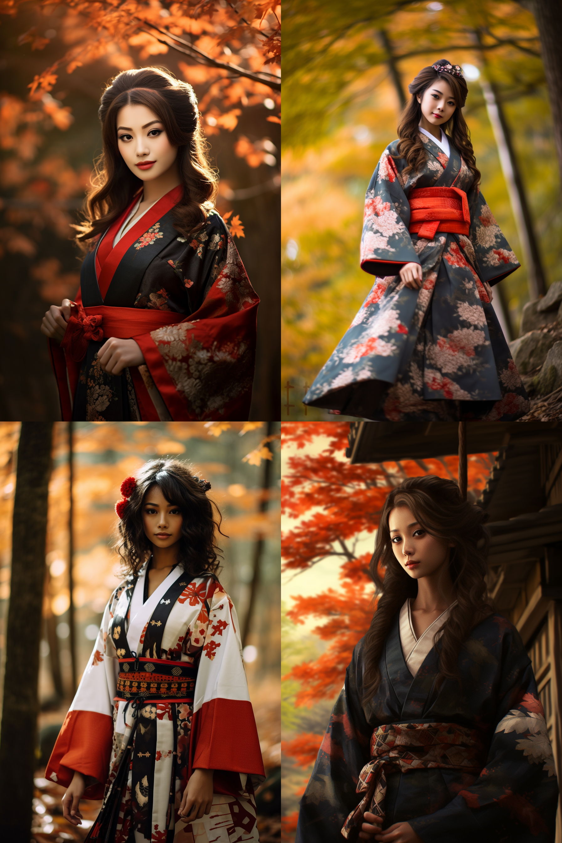 日本和服女孩，枫林背景