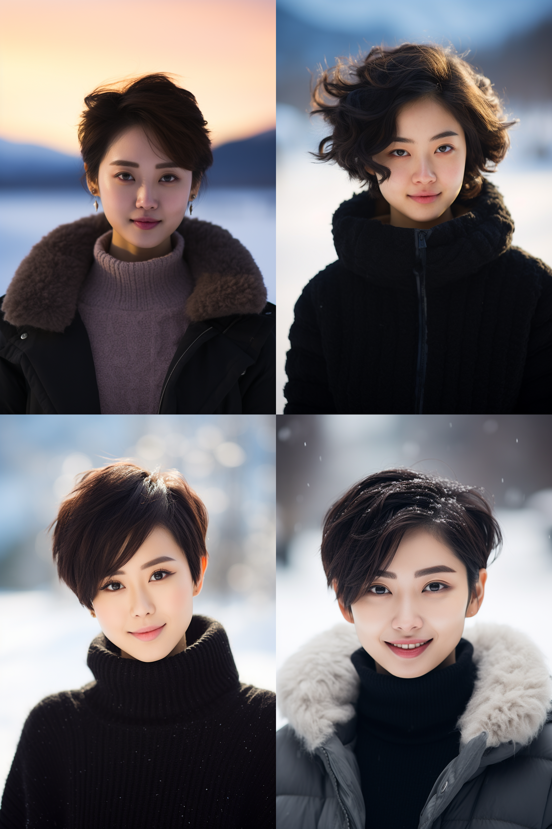 中国女孩短发人像，冬季户外，明亮环境，超高清摄影图 直面镜头，雪地中央，中远景，自然光，微笑，清晰轮廓，柔和色调，温暖感。