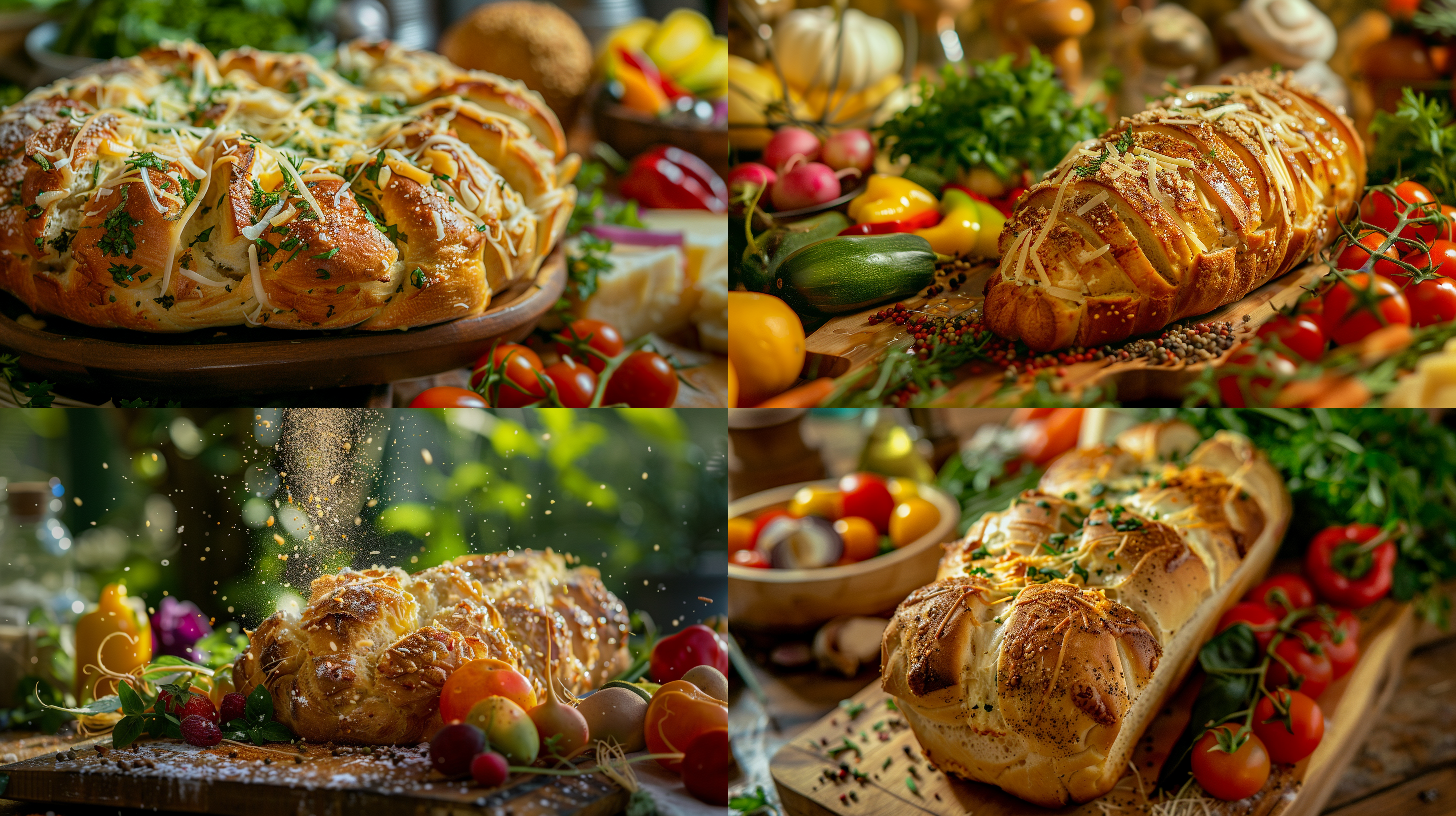 诱人的蓬松面包，金黄外皮，撒满芝士和香料，搭配新鲜蔬菜和多彩水果。近景，自然光线，微笑，明亮，细节丰富，对比度高，饱满，诱人，多彩。