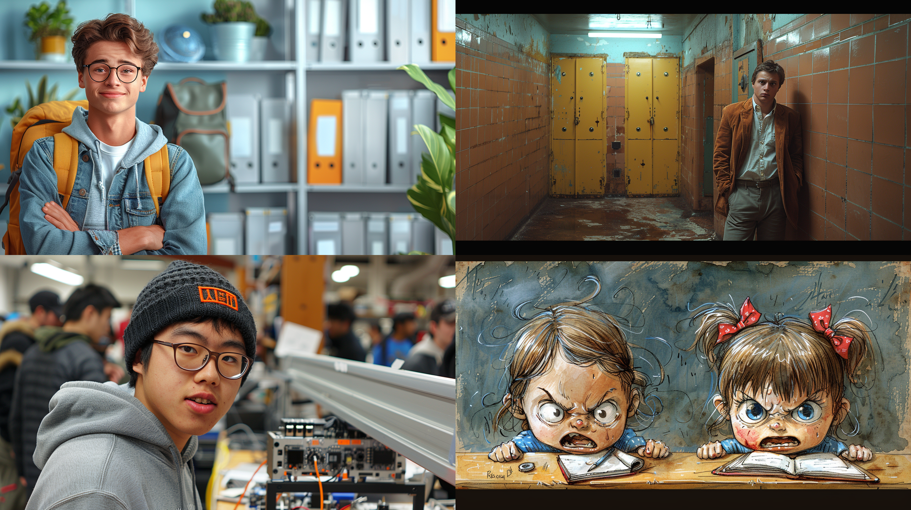 我要生成一个宿舍的柜门，被拆下来的照片。旁边有一个学生很生气，然后被拆下来的柜门半靠在柜子是一个中国学生。这个柜子有两个柜门。柜子是淡黄色的。柜子还有一个开锁的孔。