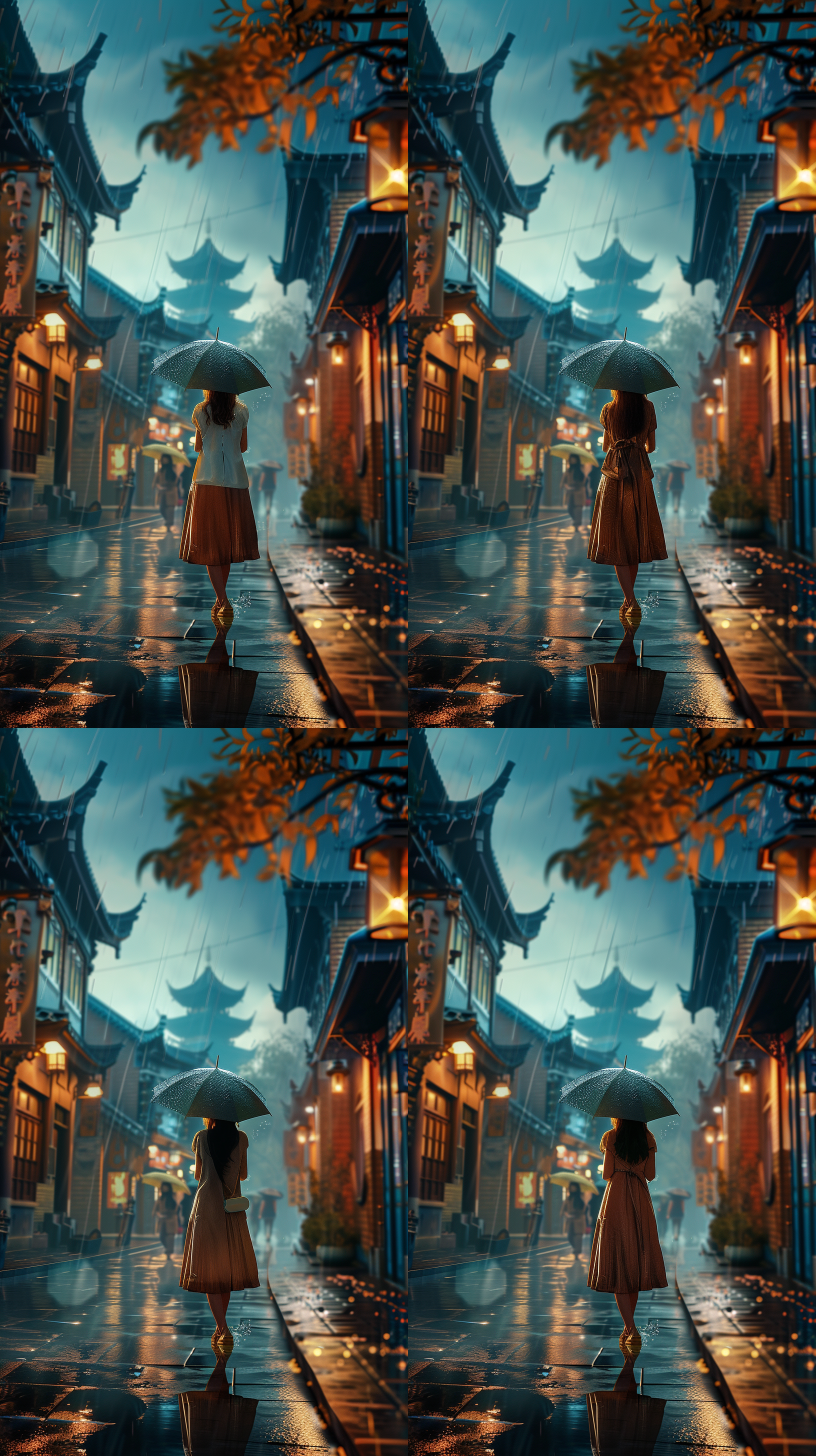 雨伞倒影在湿漉漉的街道上，背景是一排青砖瓦房和古老的柳树。女子披散着长发，脸上带着淡淡的忧伤。画面以对角线构图，背光照射下，给人一种朦胧的感觉。雨滴在空中飞舞，营造出浪漫的氛围。秋天的色调柔和而温暖，增强了画面的情感。 秋天，雨夜，对角线构图，背光，青砖瓦房，柳树，忧伤，朦胧，浪漫，柔和，温暖。 非对称构图 雨天背景 水晶蓝 电影灯光