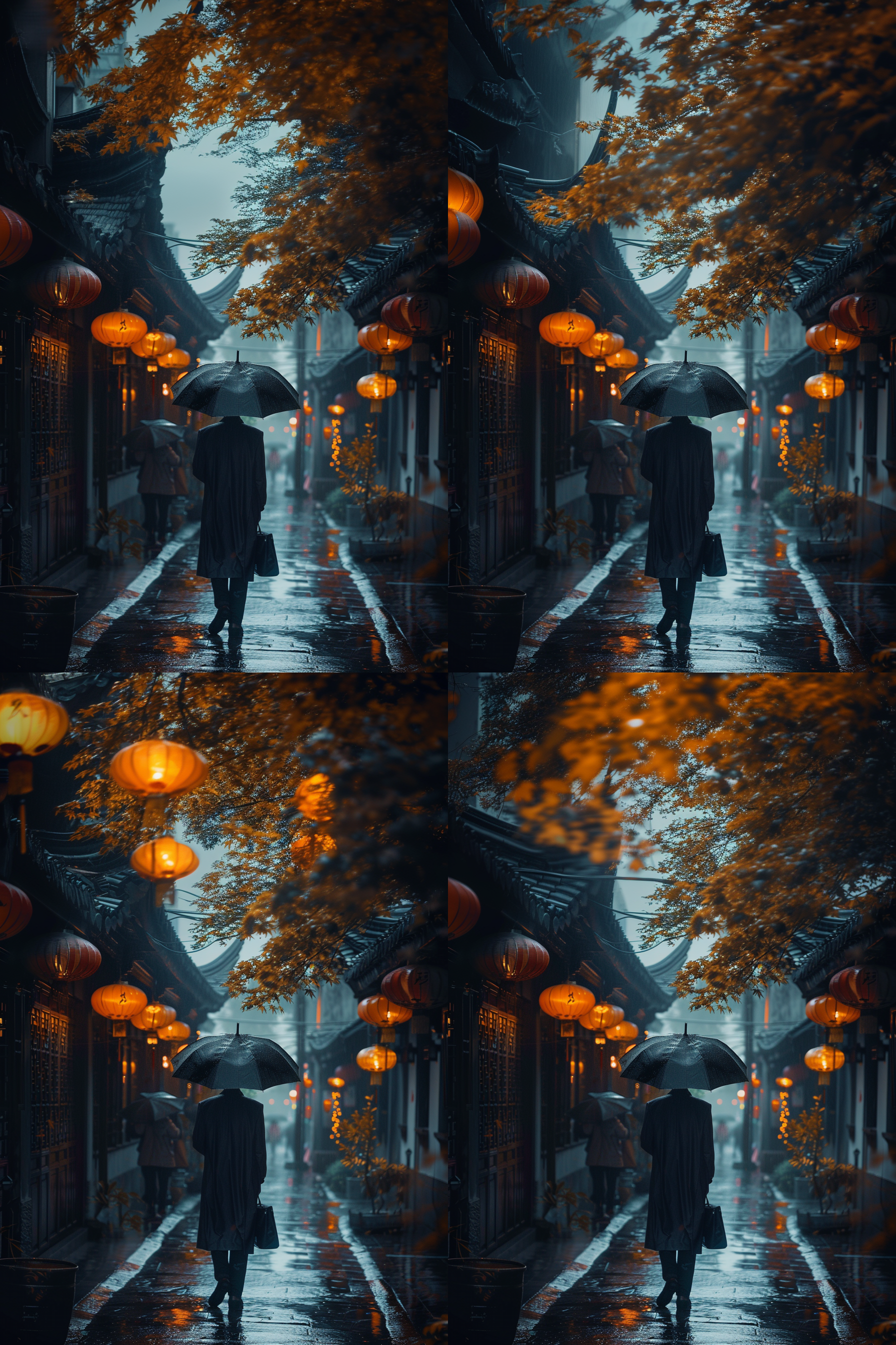 雨伞倒影在湿漉漉的街道上，背景是一排青砖瓦房和古老的柳树。女子披散着长发，脸上带着淡淡的忧伤。画面以对角线构图，背光照射下，给人一种朦胧的感觉。雨滴在空中飞舞，营造出浪漫的氛围。秋天的色调柔和而温暖，增强了画面的情感。 秋天，雨夜，对角线构图，背光，青砖瓦房，柳树，忧伤，朦胧，浪漫，柔和，温暖。 非对称构图 雨天背景 水晶蓝 电影灯光