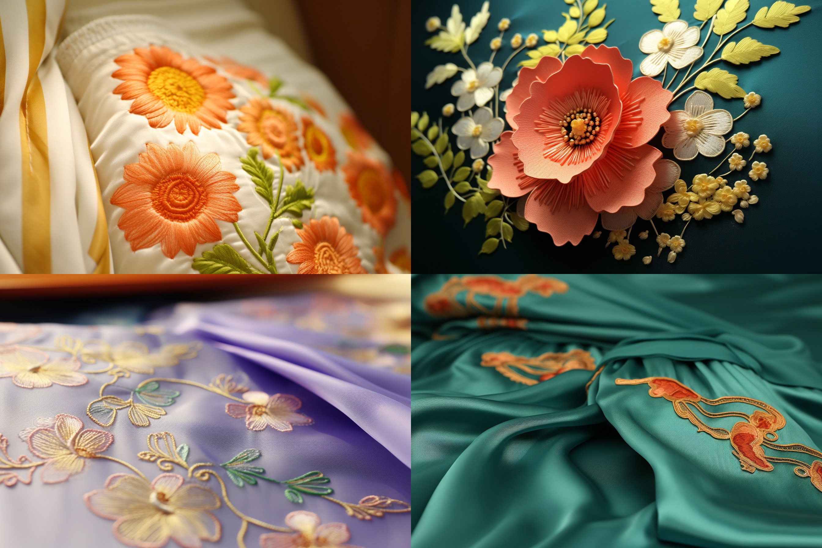 绣花图案，精致细节，对称构图，室内拍摄，柔和色调，微距镜头，均匀光线，静态，传统风格，多彩，优雅。