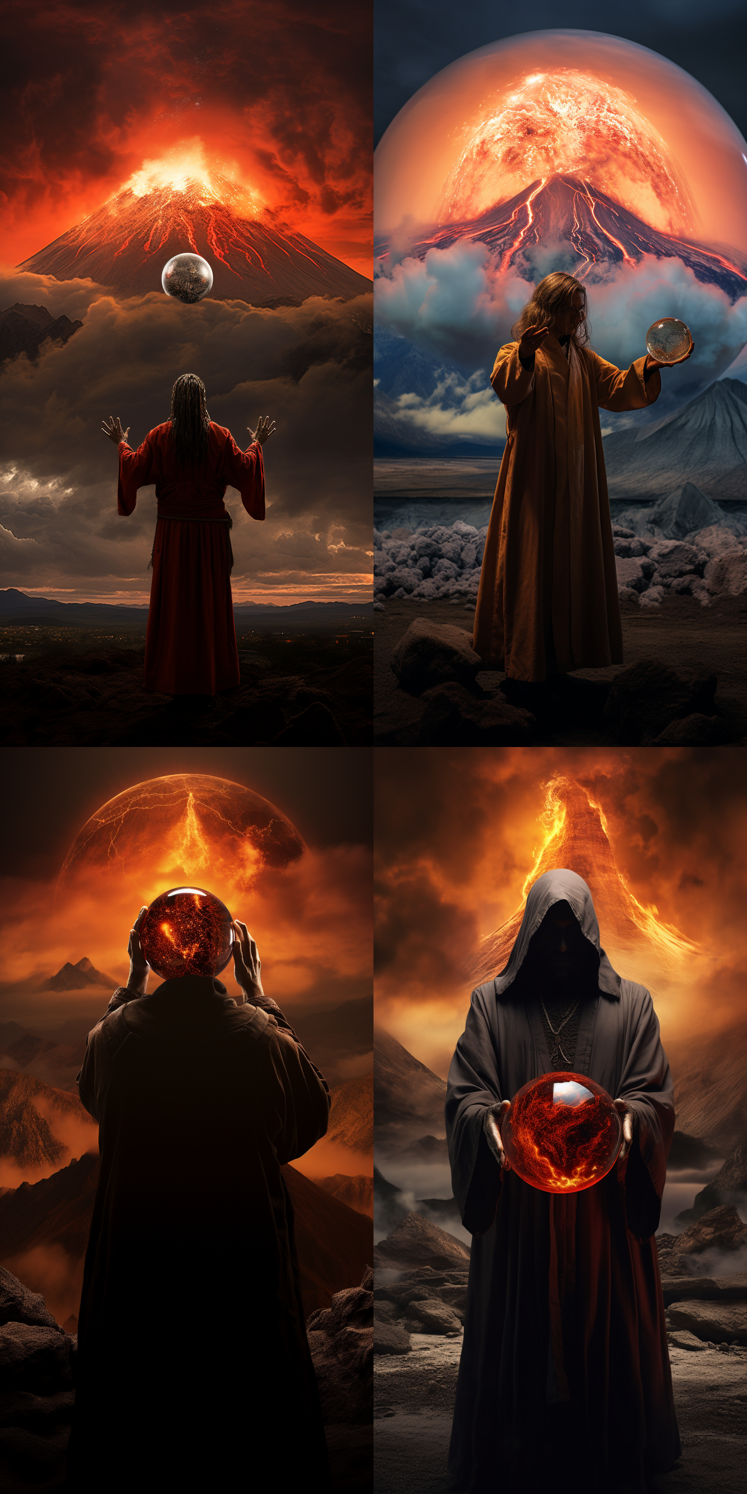 2024年预言，亚洲最大火山喷发，火山口冒着熊熊烈焰，火山灰弥漫天空。在火山口前方，一位通灵师站立着，穿着长袍，手持水晶球，面容凝重。景深浅，高饱和度，宽广画面，远处是乌克兰和俄罗斯的边界，局势紧张。