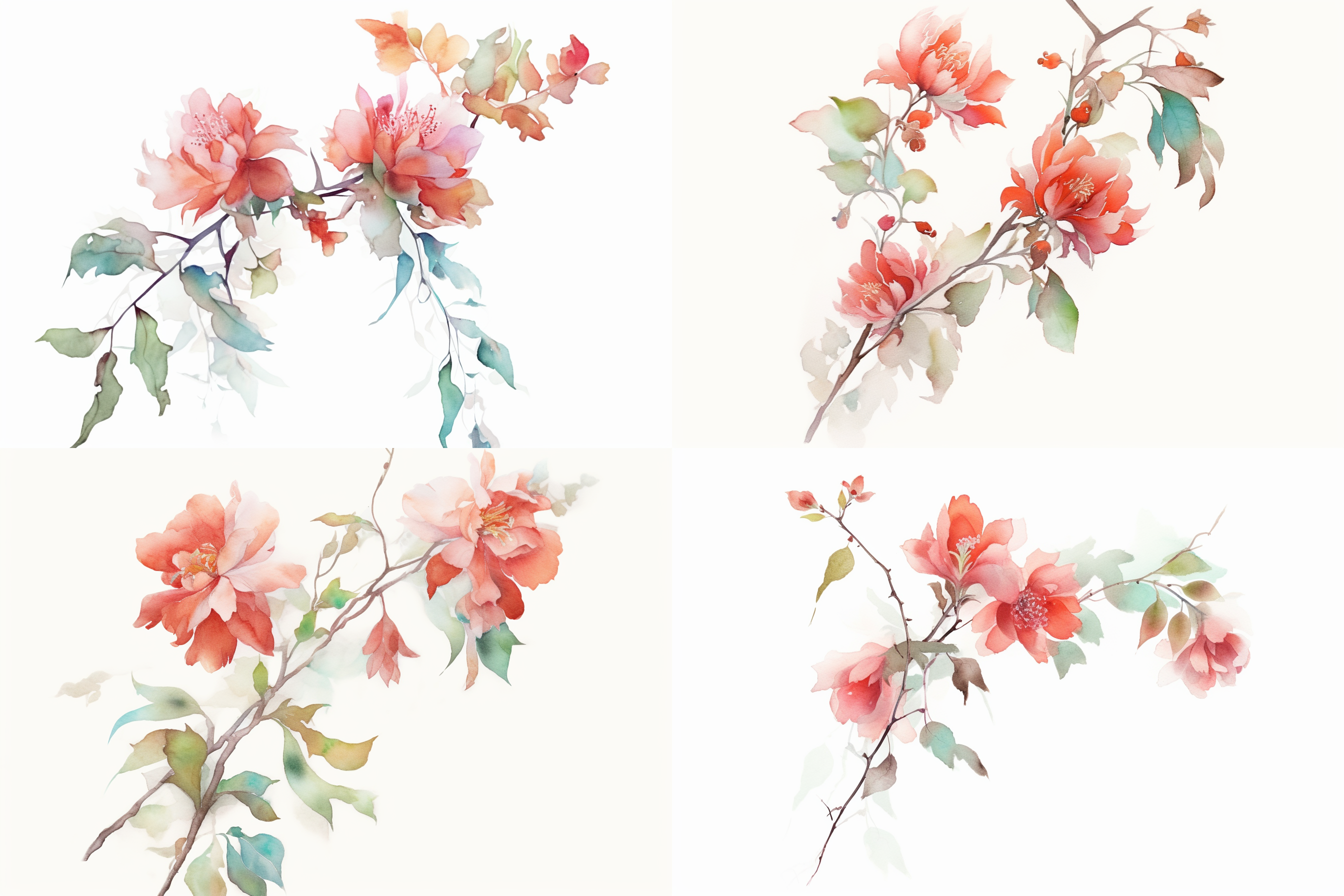 中国画水彩花卉，鲜艳的花朵和细腻的线条勾勒出生机盎然的画面。画面以一束粉红色的牡丹为主体，周围点缀着白色的梅花和红色的山茶花，绿叶与红花相映成趣。整个画面充满了柔和的色彩和流动的水墨效果，给人带来温馨和宁静的感觉。花朵细致而逼真，仿佛可以闻到花香。水彩的渲染和淡雅的色调增添了画面的艺术氛围。