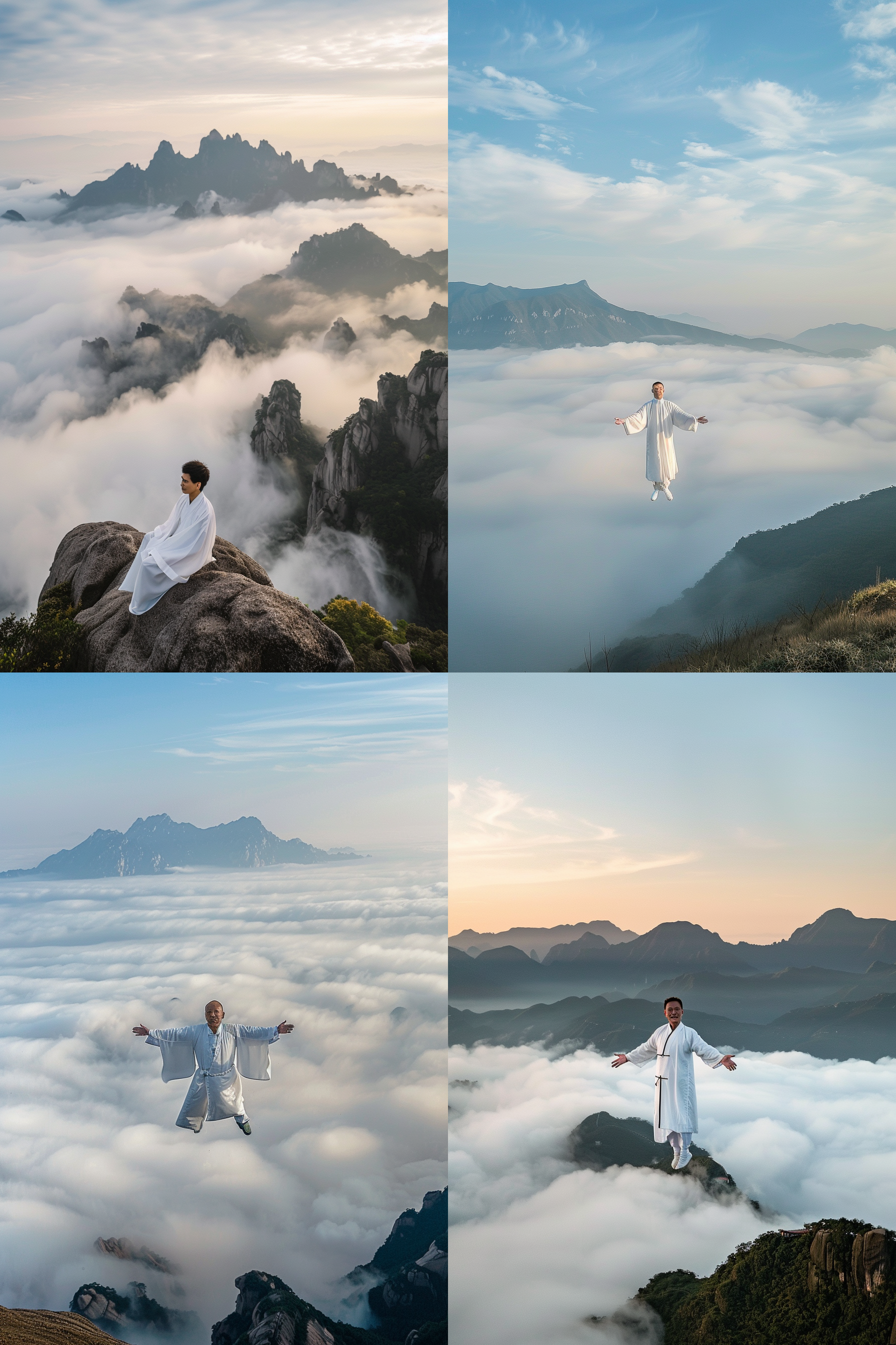 修仙者漂浮在空中，背景是绚丽的云海和群山，照片以修仙者为主体，呈现出宁静和神秘的氛围。修仙者身穿白色长袍，面带微笑，眼神深邃，展现出自信和智慧。照片采用鸟瞰角度拍摄，使用广角镜头捕捉周围的壮丽景色，光线柔和，色调以蓝、白为主，传达出宁静、神秘和宏伟的感觉。漂浮，修仙者，云海，群山，宁静，神秘，白色长袍，微笑，深邃，鸟瞰角度，广角镜头，柔和光线，蓝白色调。