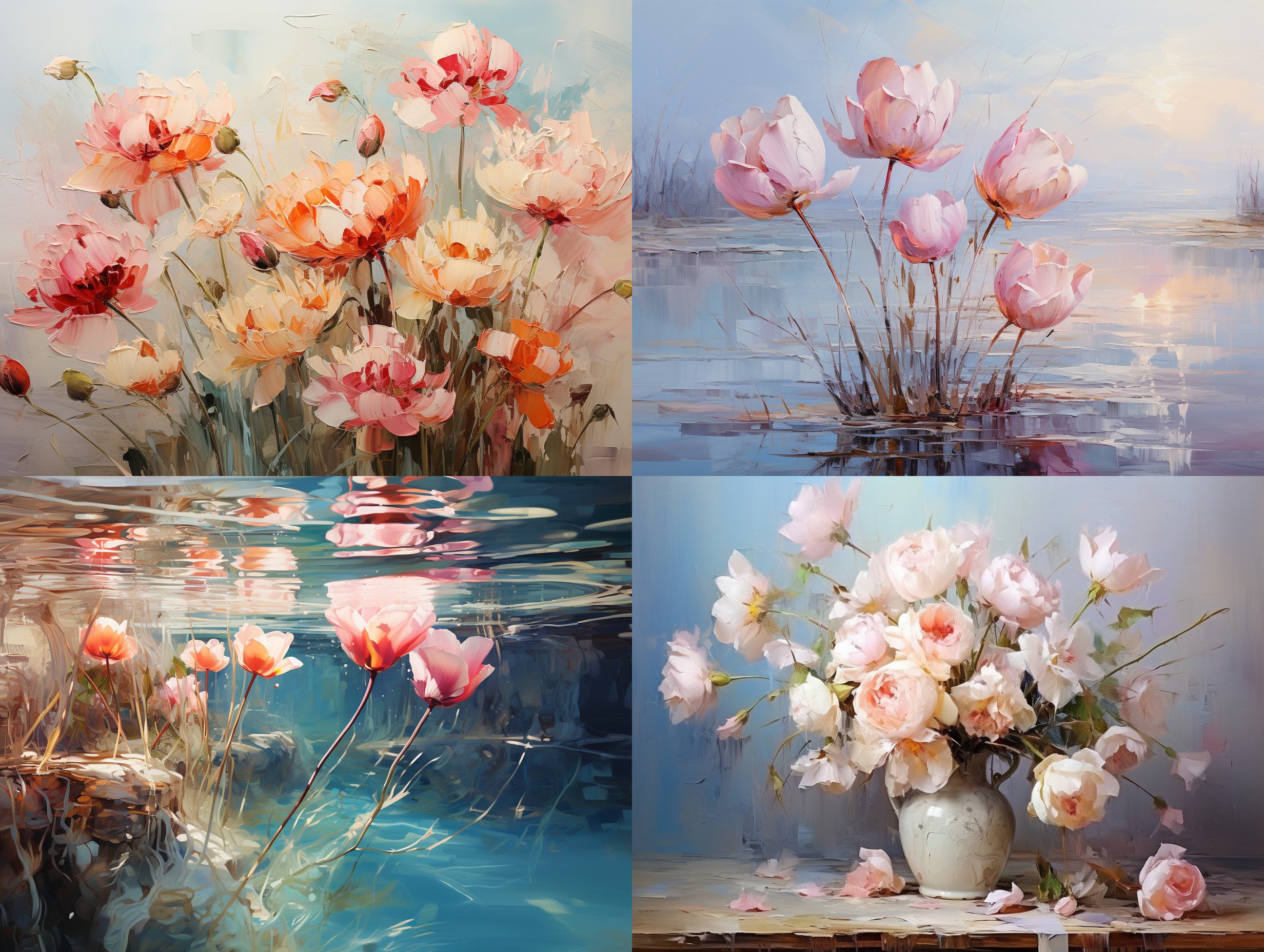 郁金香花海，莫奈油画风格，大景深，自然光，柔和色调，斜角度构图，静态，优雅，浪漫。