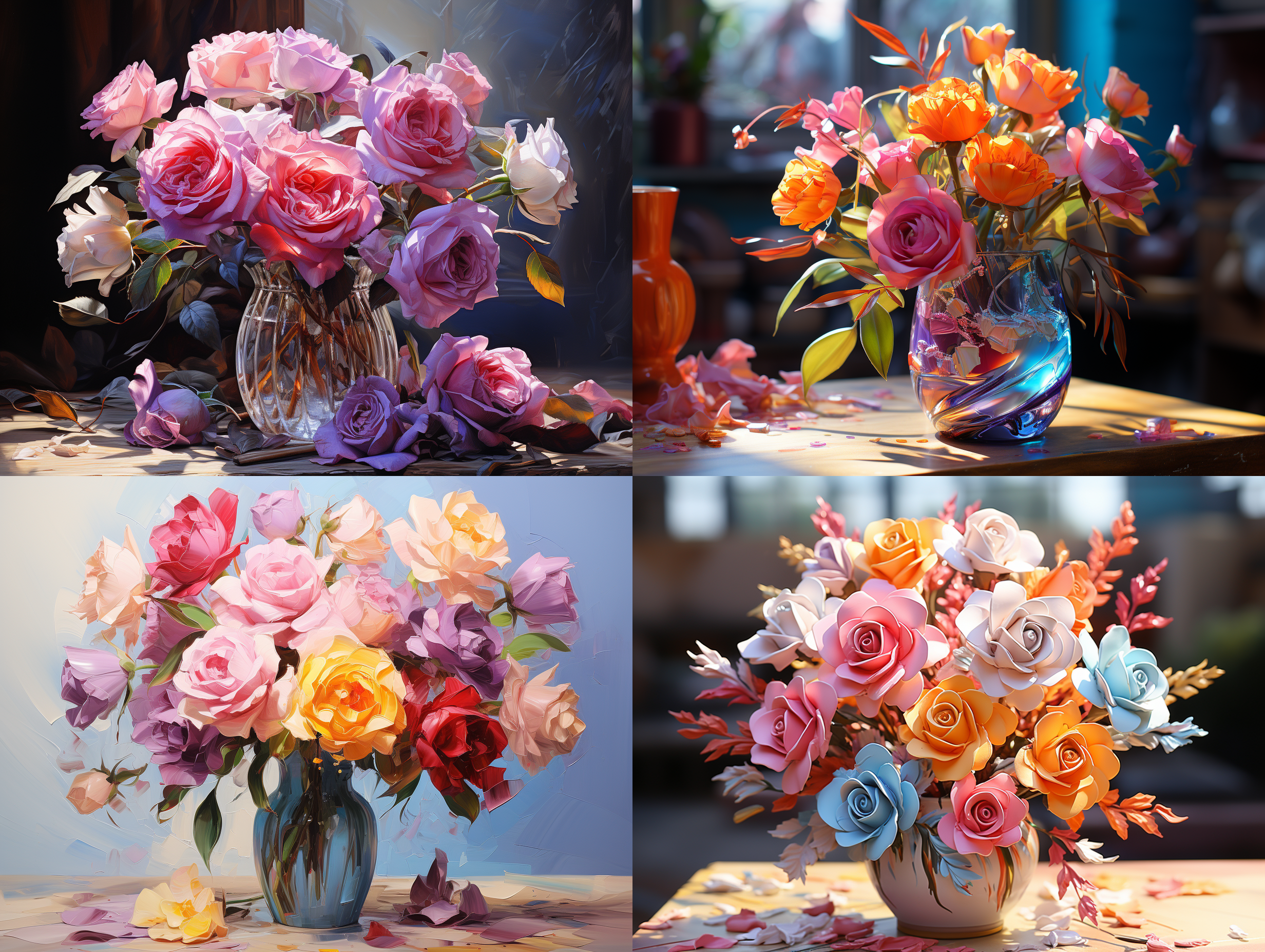 一束玫瑰，花瓶，莫奈油画风格