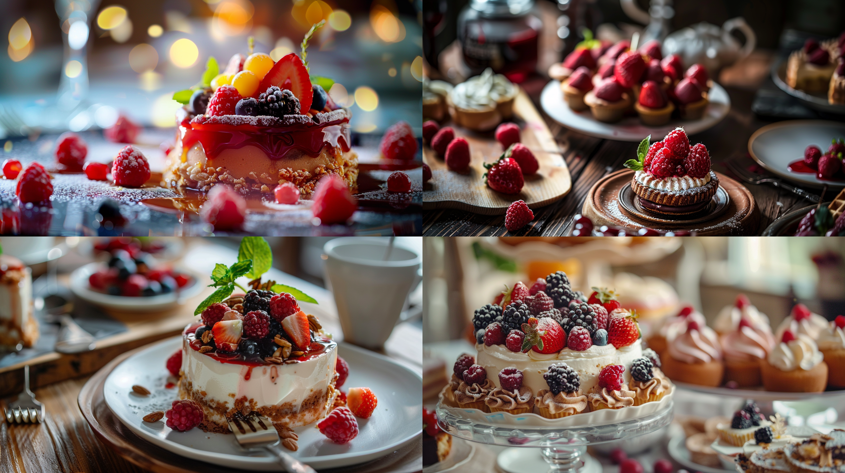甜品摆放在餐桌上，自然光线下，暖色调，明亮细节丰富，对比度高，诱人饱满，多彩。食物摄影，静物，中焦镜头，近景，色彩丰富，甜美。