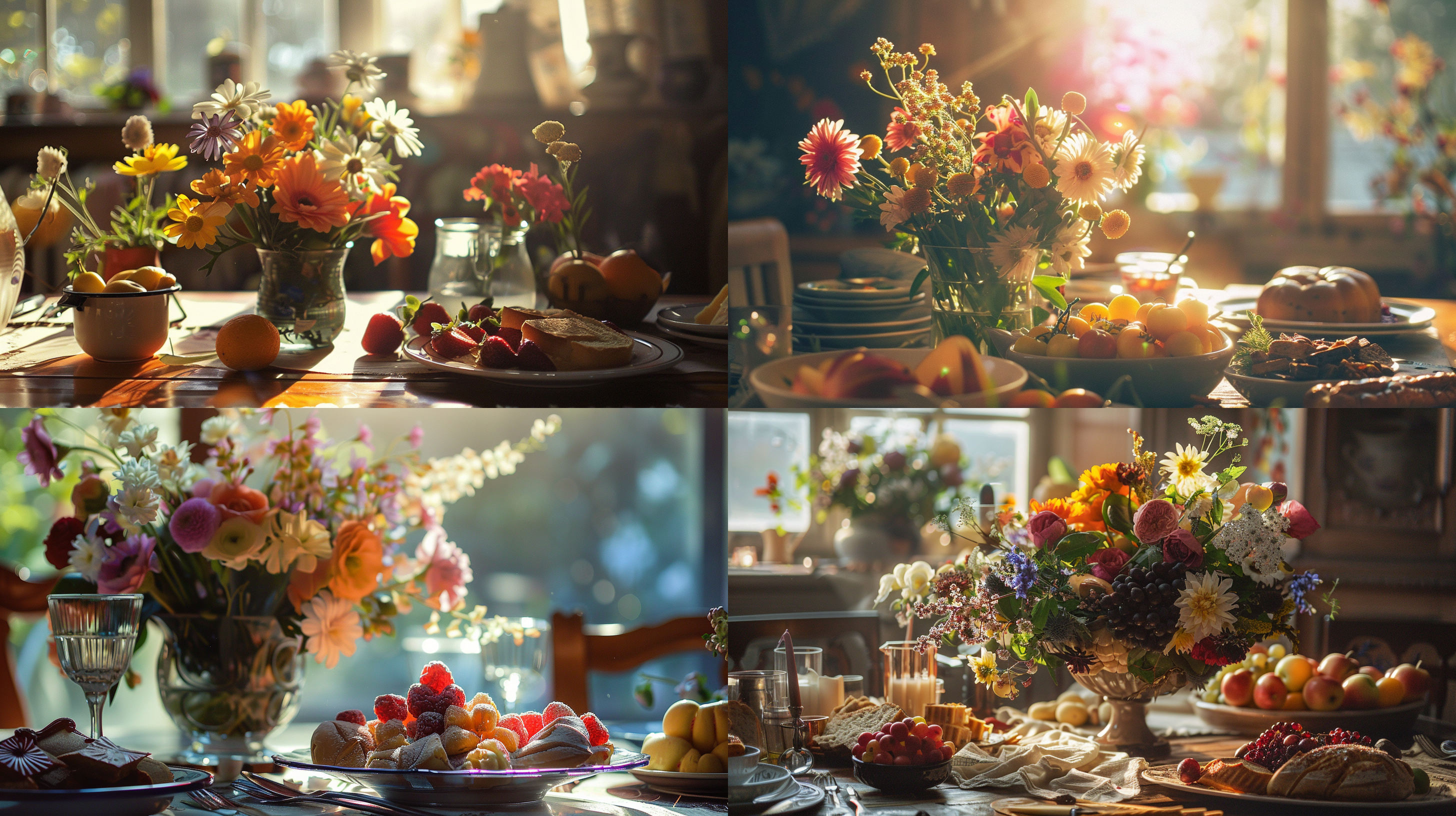 餐桌上花朵与食物，自然光线，暖色调，高对比度，诱人细节，多彩，甜美食物，中焦镜头，明亮，静物摄影，近景。