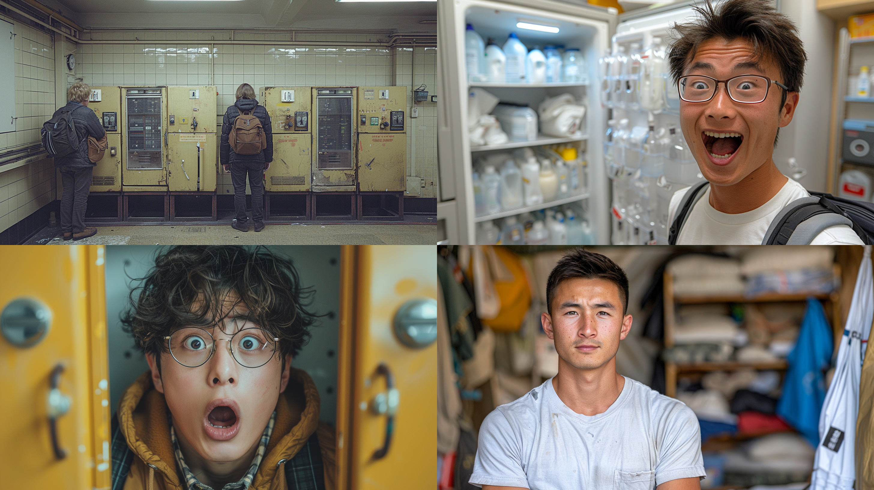 我要生成一个宿舍的柜门，被拆下来的照片。旁边有一个学生很生气，然后被拆下来的柜门半靠在柜子是一个中国学生。这个柜子有两个柜门。柜子是淡黄色的。柜子还有一个开锁的孔。