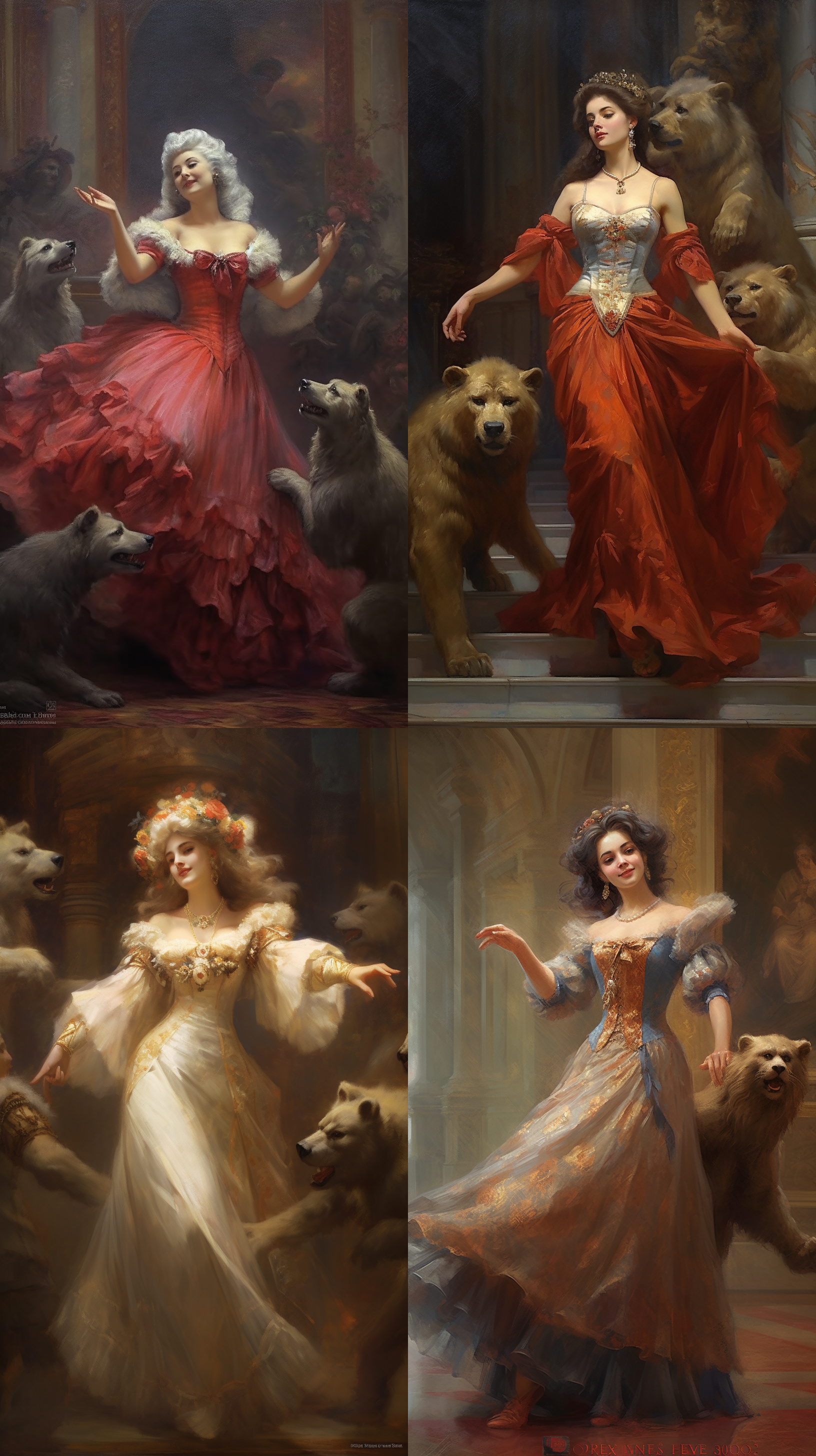 高贵的夫人，穿宫廷贵族服装，和狗熊跳舞，洛可可风格，文艺复兴，古典主义，油画，手绘，印象派，色彩，暗色调，优雅动作