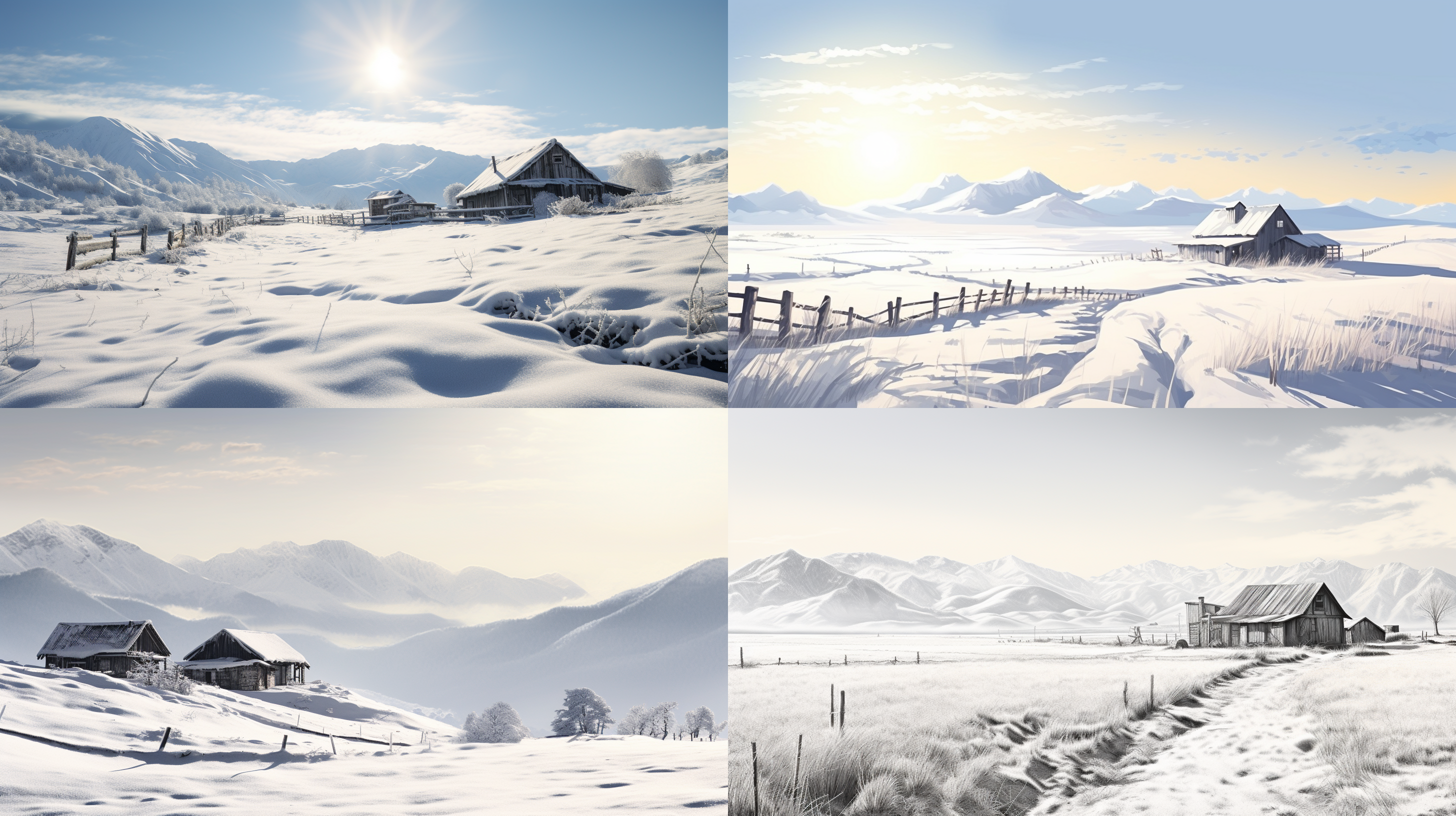 农舍，小雪，远山，田埂，太阳，白色调，浮雕感觉 农舍雪景，对角线构图，高清晰度，户外环境，中焦镜头，自然光，静态，白色主调，宁静，温暖情感。