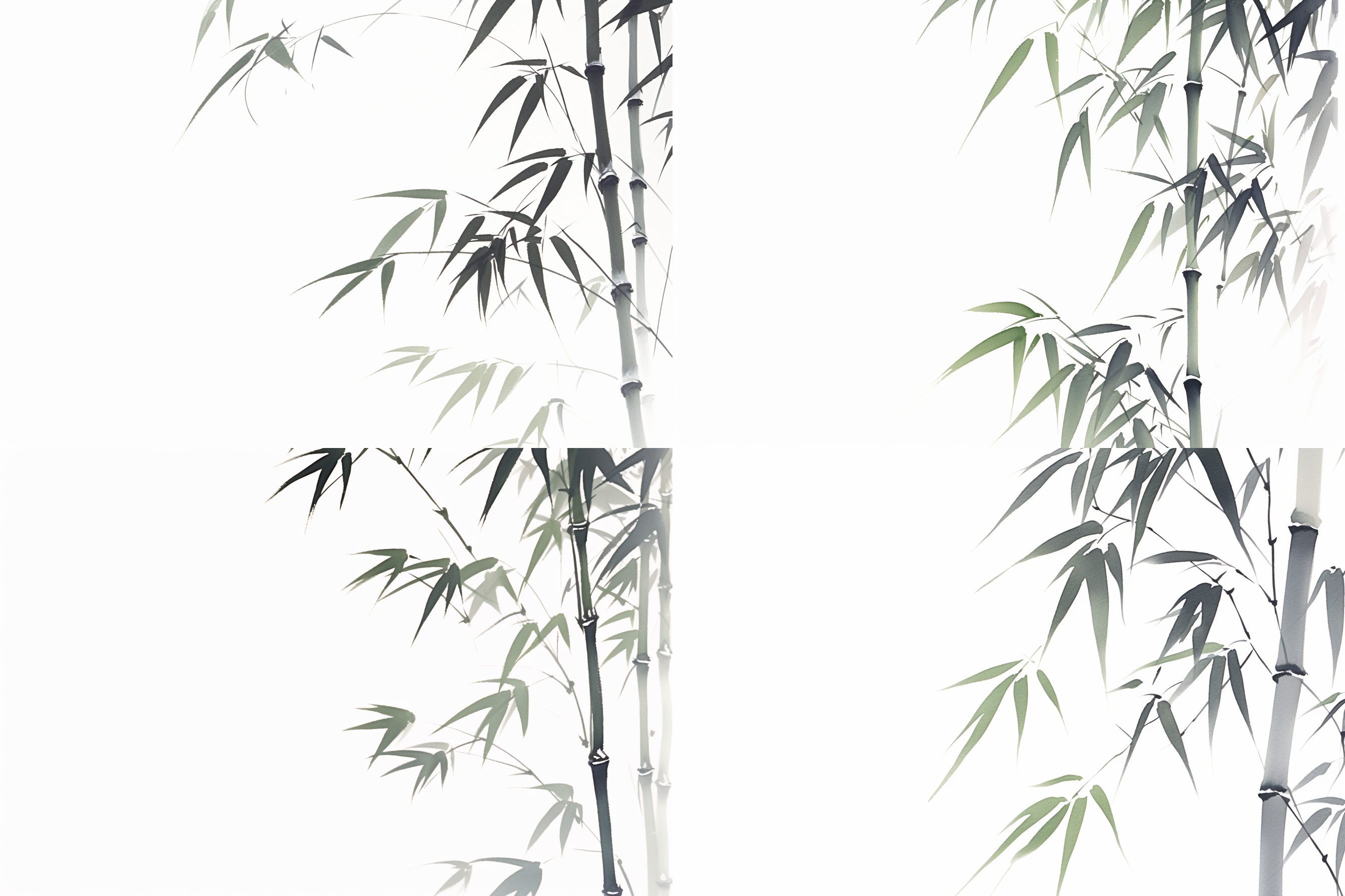 中国水墨画，一株竹子，简约风格，斜对角构图，细节描绘，青绿色调，竖直构图，侧光，寂静，平和。