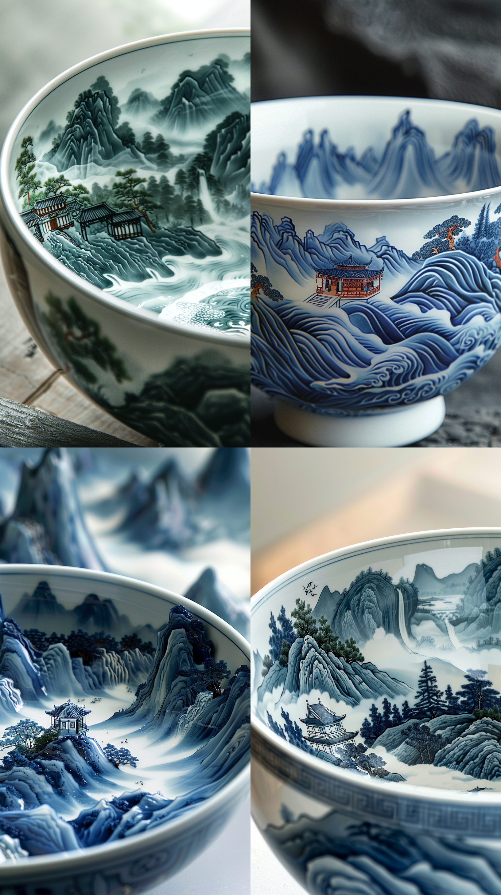 chinese style, blue and white porcelain bowl, with undulating mountains inside, pavilions and green trees on the mountains. the bowl is semi transparent and emerald green, with a close-up perspective, super realistic, close-up close-up, macro, and background blurring