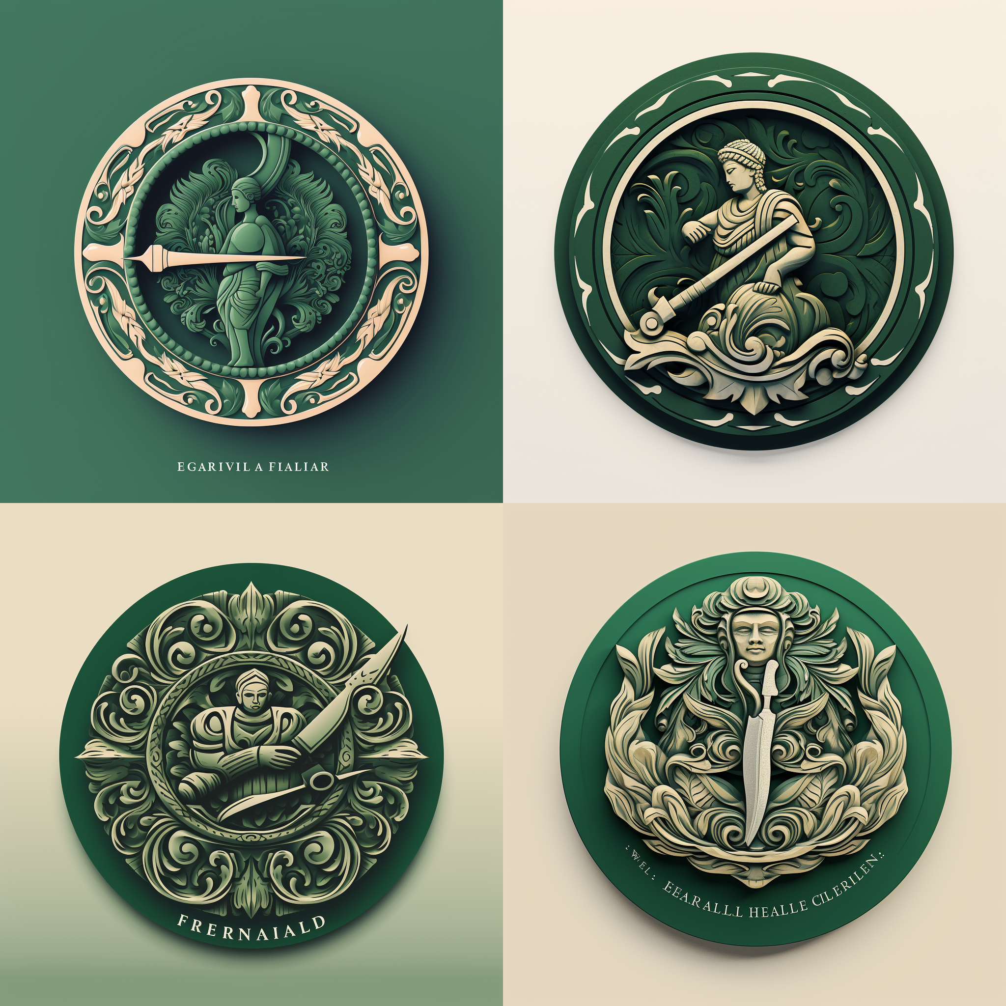 绿色圆形扁平化雕塑专业logo设计，手握雕刻刀，展现传统装饰元素。