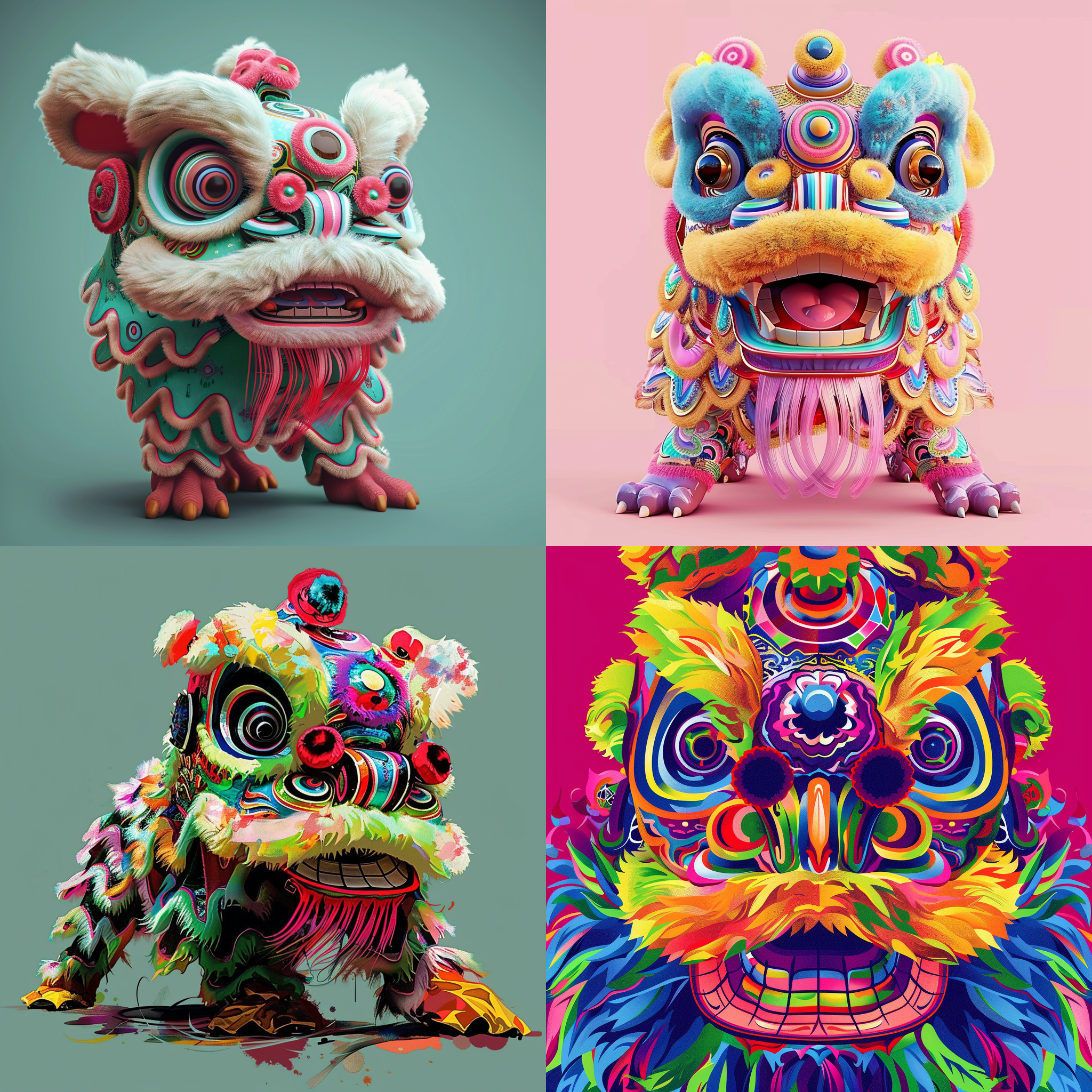 chinese style lion dance, multi-color, solid background color, dynamic and beautiful, lively and cute, realistic style