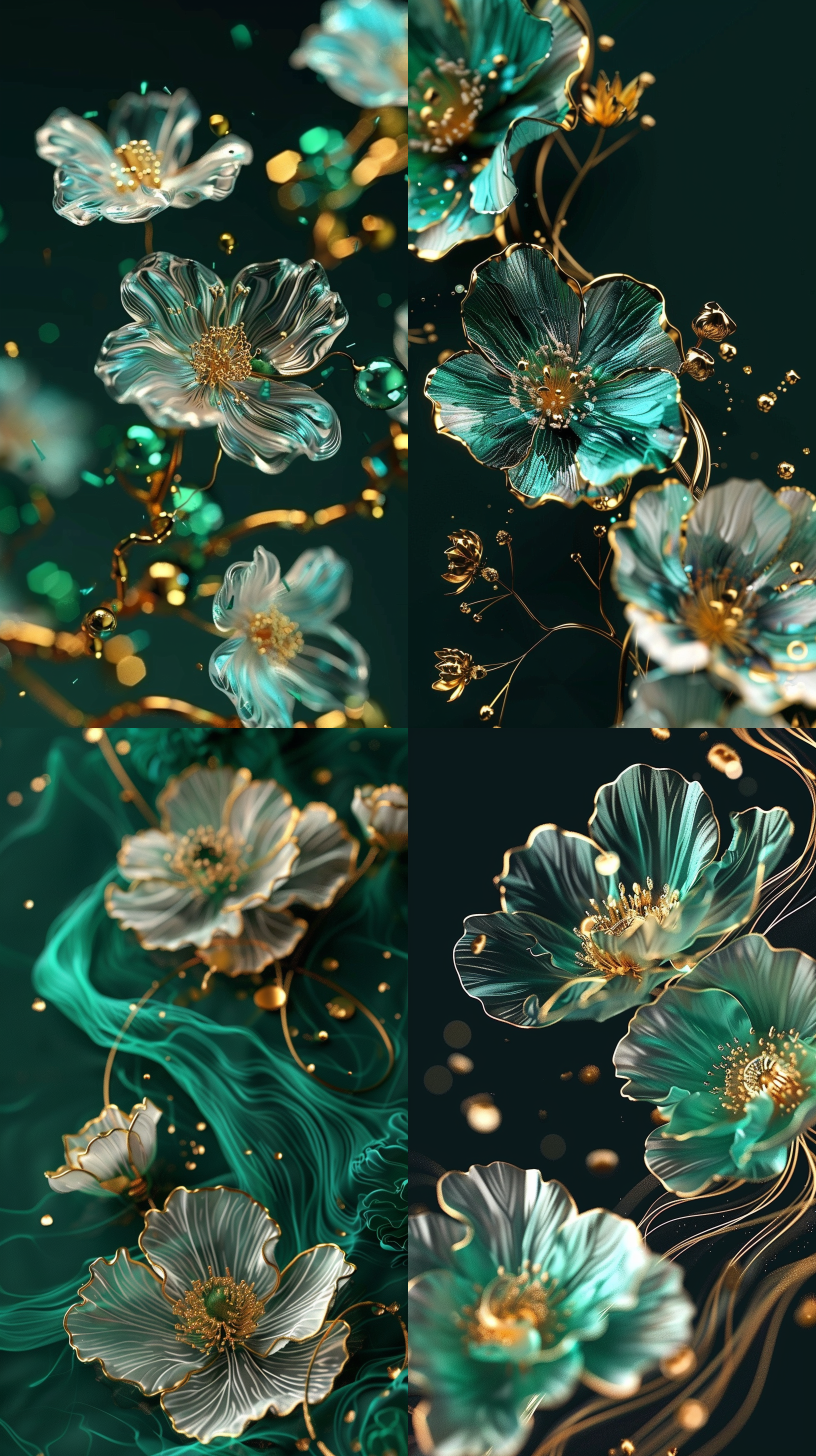 散发琉璃光线的花儿，透明的花瓣，唯美，梦幻，细节清晰，韵律的花枝，高质量，8k