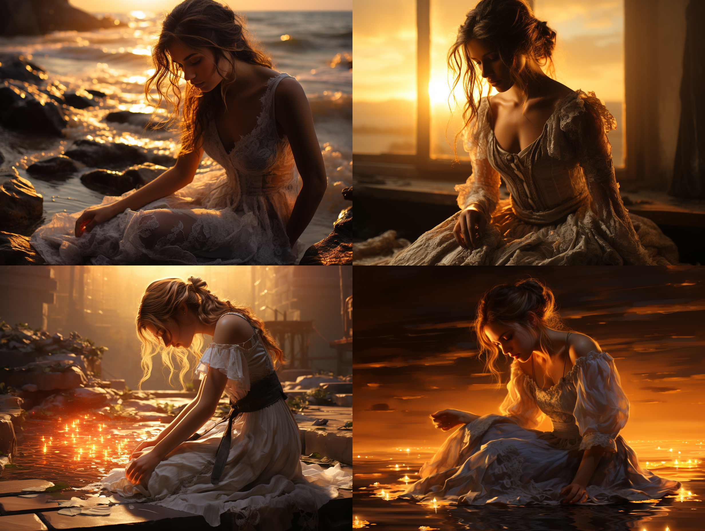 女人穿着婚纱蹲在日落下，油画效果，标准镜头拍摄，闪闪的眼睛，水汪汪大眼，游戏质感，全局照明，暖光，侧光，情调光，鲜艳色彩。