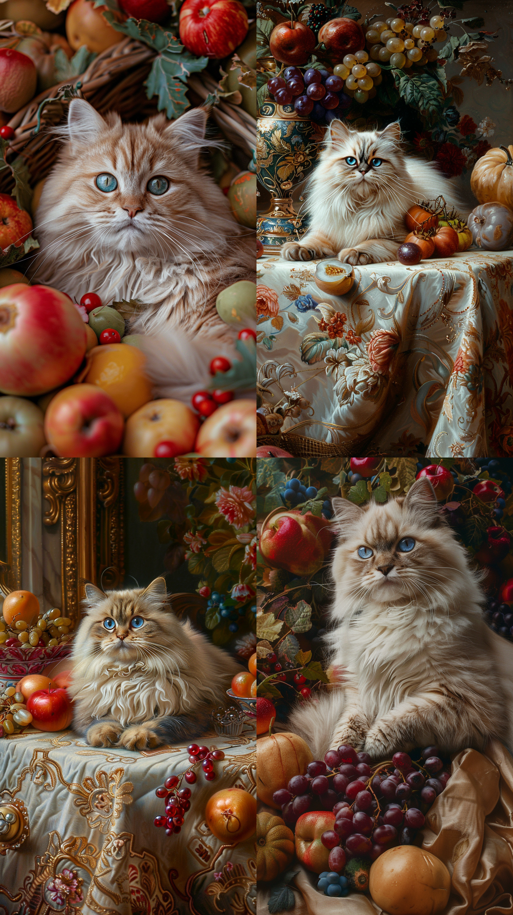桌布上，水果堆里躺着一只波斯猫，蓝眼睛，宫殿内景，写实主义绘画，古典油画色调，印象派风格，电影光线，近景别，