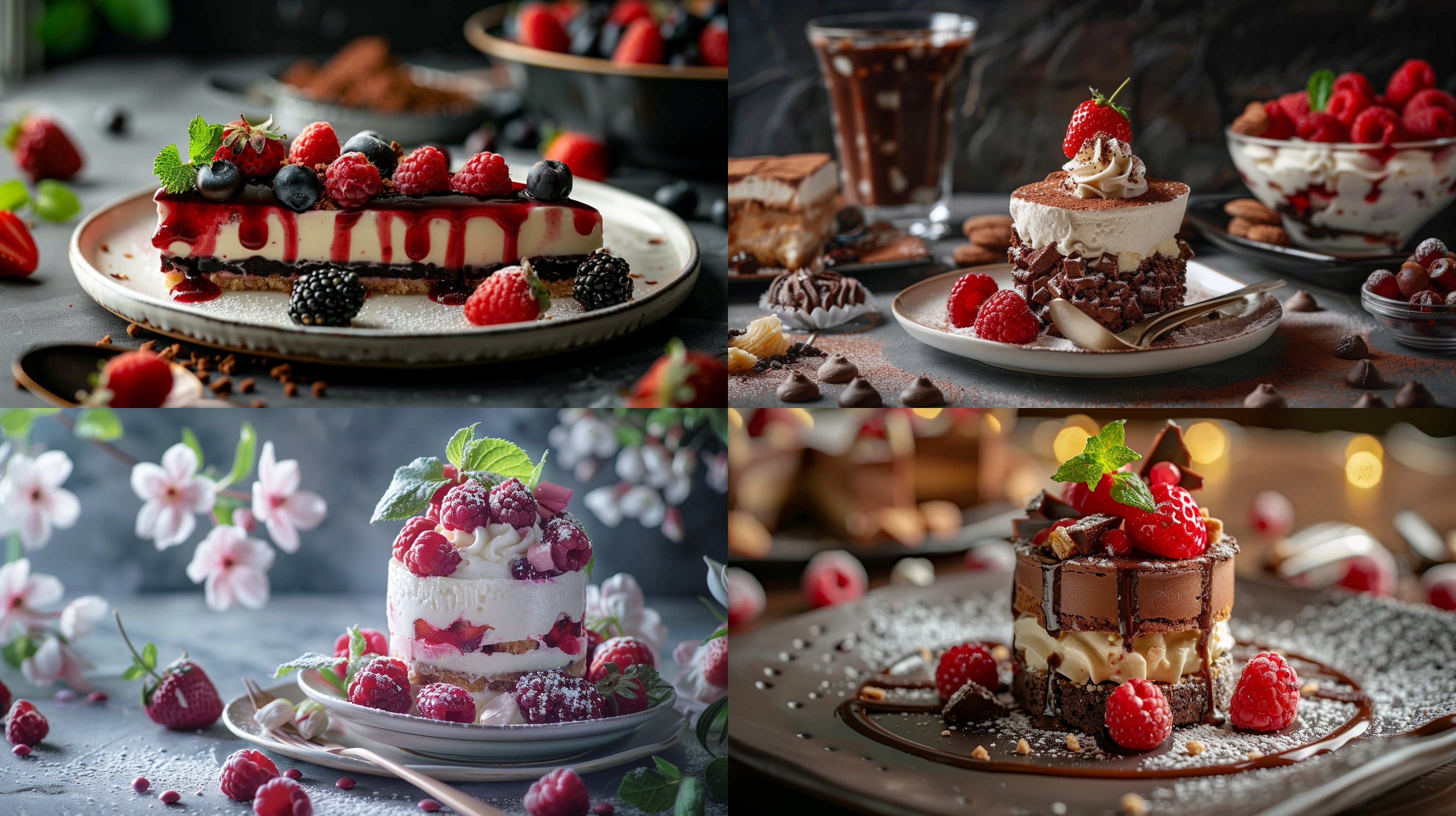 甜品摆放在餐桌上，自然光线下，明亮细节丰富，对比度高，诱人饱满，多彩。食物摄影，静物，中焦镜头，近景，色彩丰富，甜美。