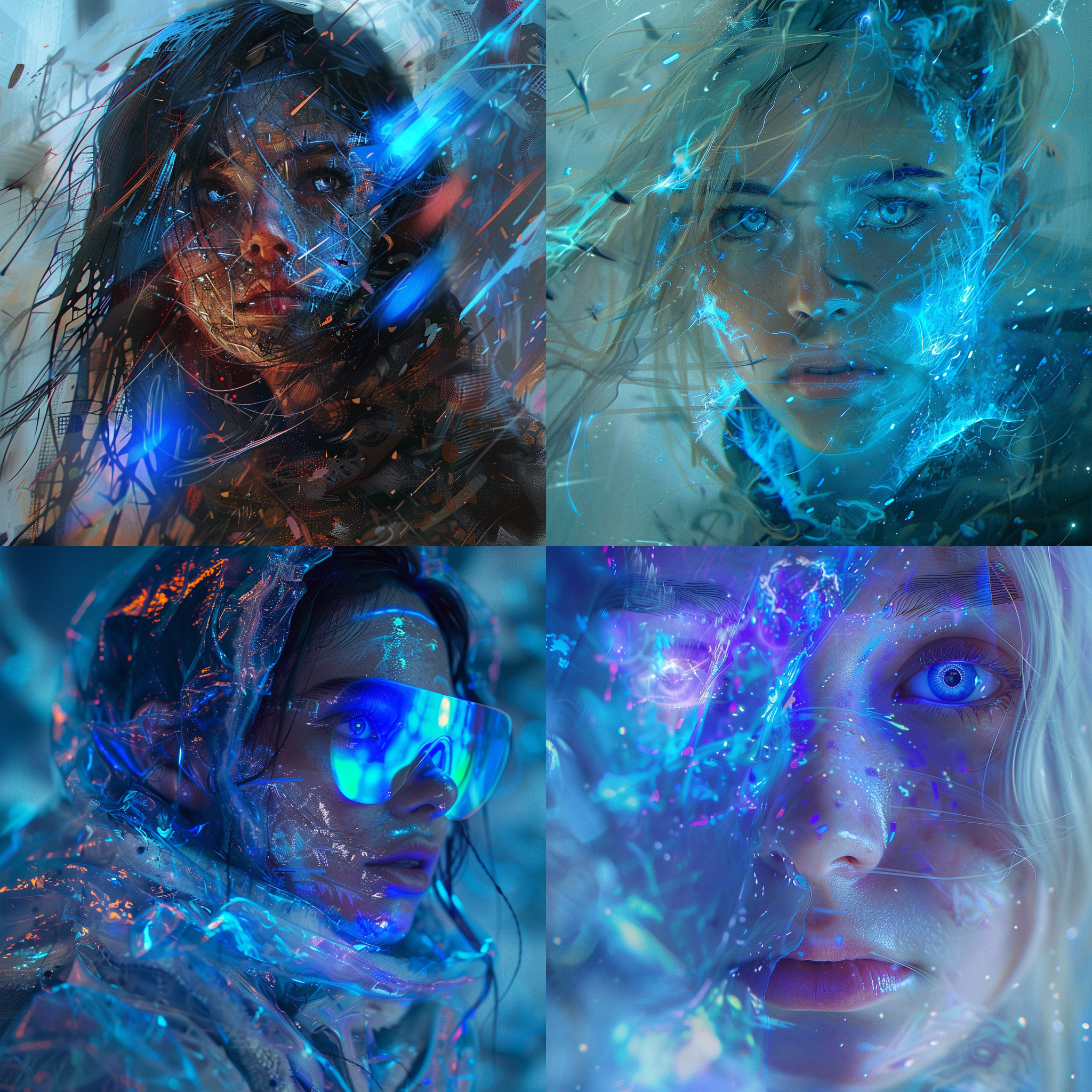 故障风少女，科幻色彩，透明肌肤，幽蓝光芒，神秘眼眸，故障材料服饰，异世界，故障能量，时空交错，故障代码，孤独旅者，勇敢战士，奇迹存在。