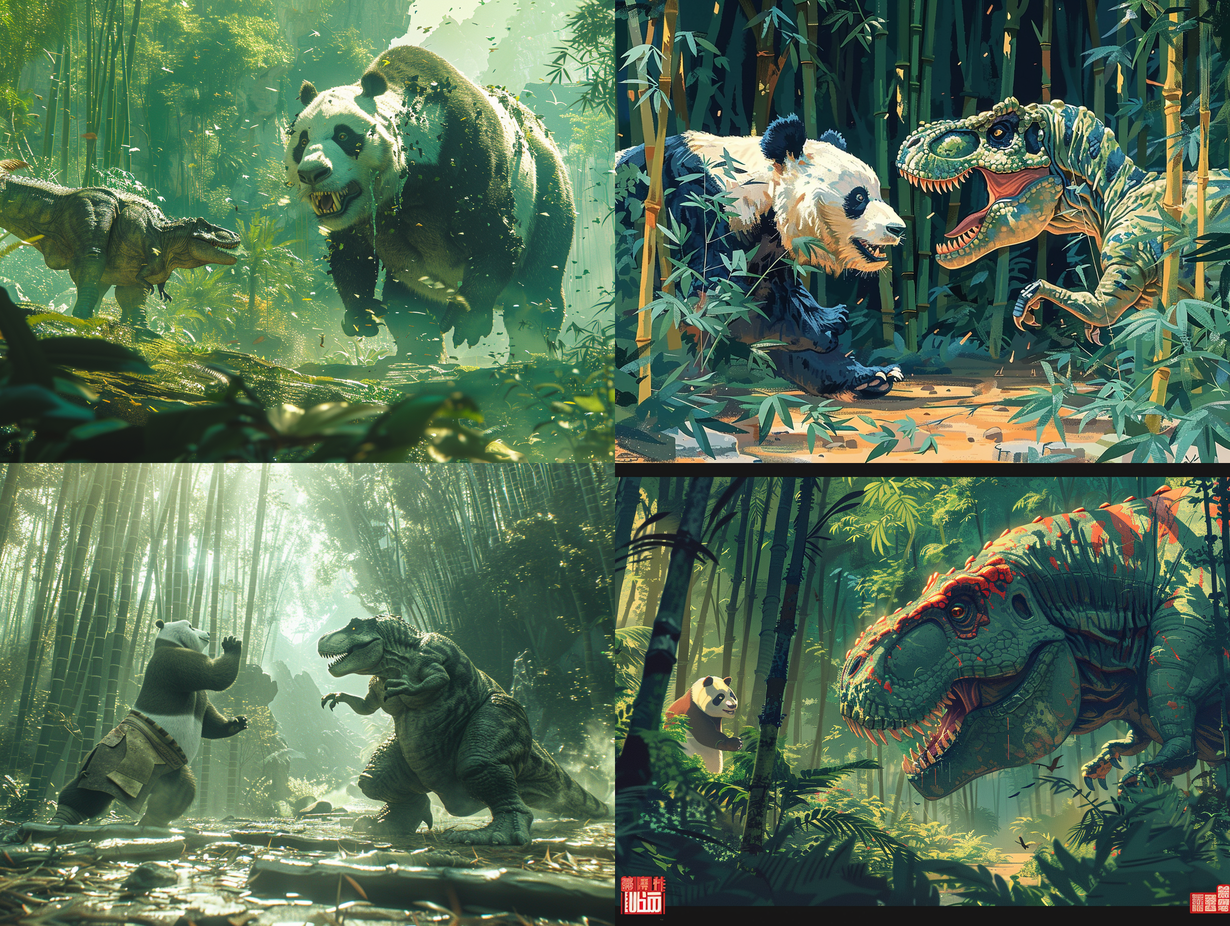 kung fu panda and a tyrannosaurus rex engaged in an epic duel, panda using martial arts moves, t-rex roaring fiercely, in a lush bamboo forest setting, under the shadow of tall trees, with sunlight filtering through the leaves, compositions highlighting the contrasting sizes and strength of both characters, intense and suspenseful atmosphere, in a dynamic action-packed style.