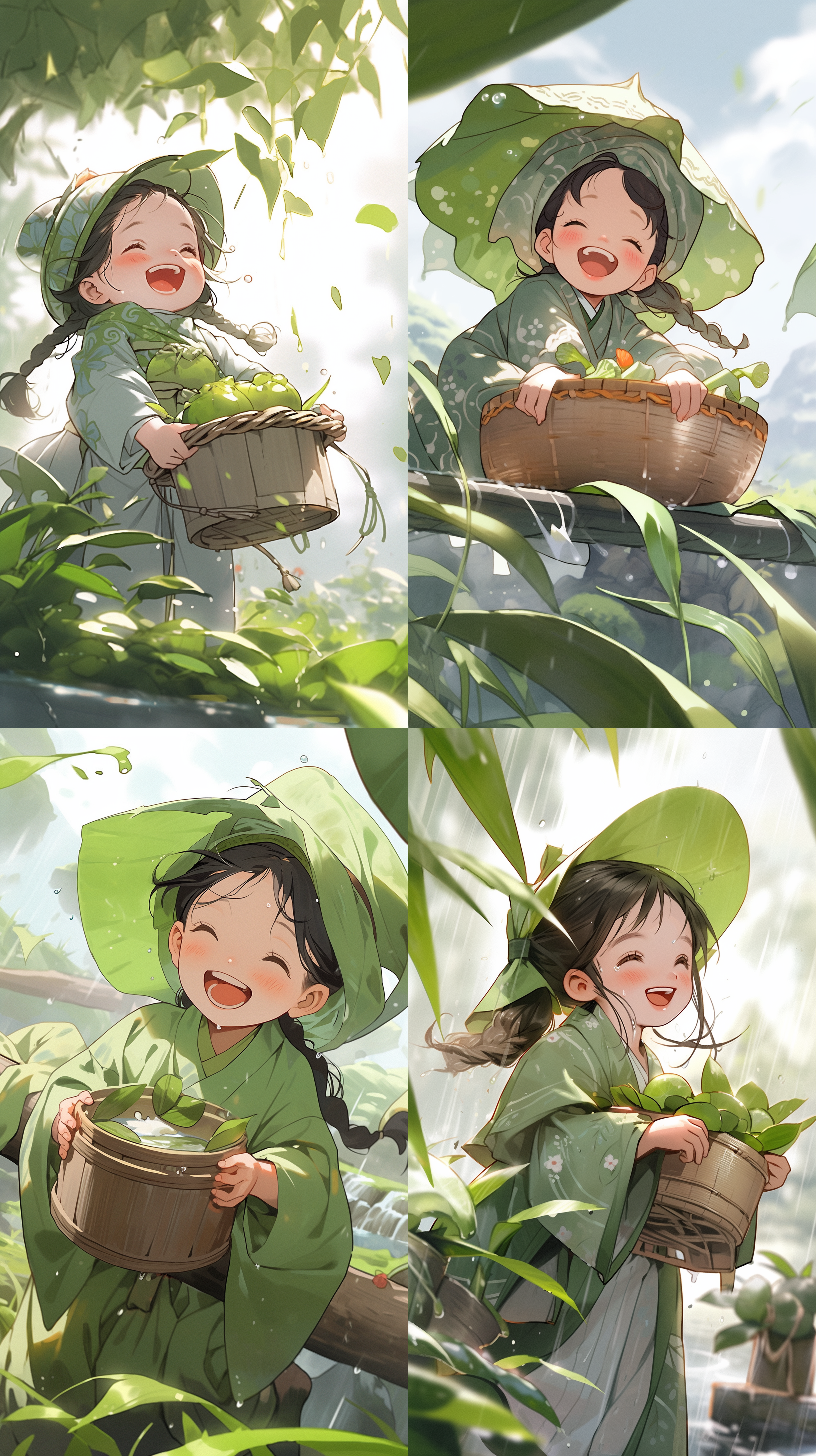 一个超级可爱的快乐小女孩在古代中国采茶，天空中有小雨，背景中有茶叶，淡绿色的色调，抽象的写实，背景趋势清晰，轮廓清晰