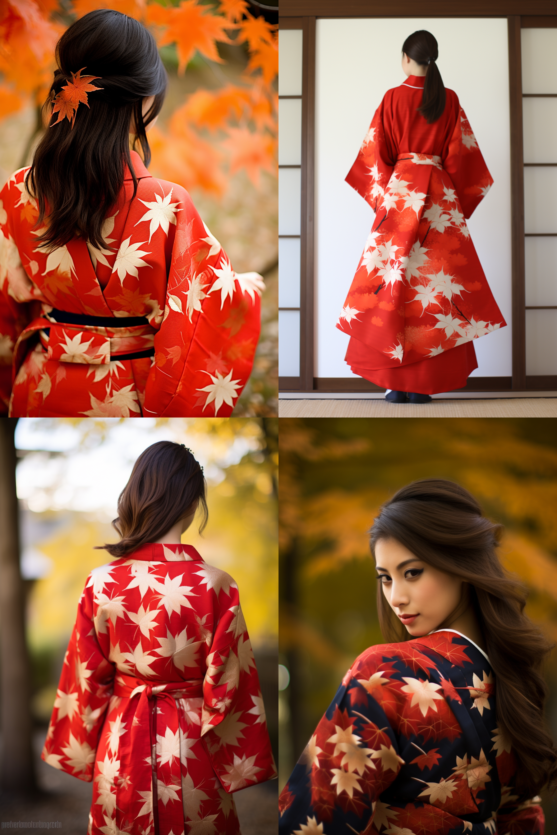 日本女孩和服，枫叶背静