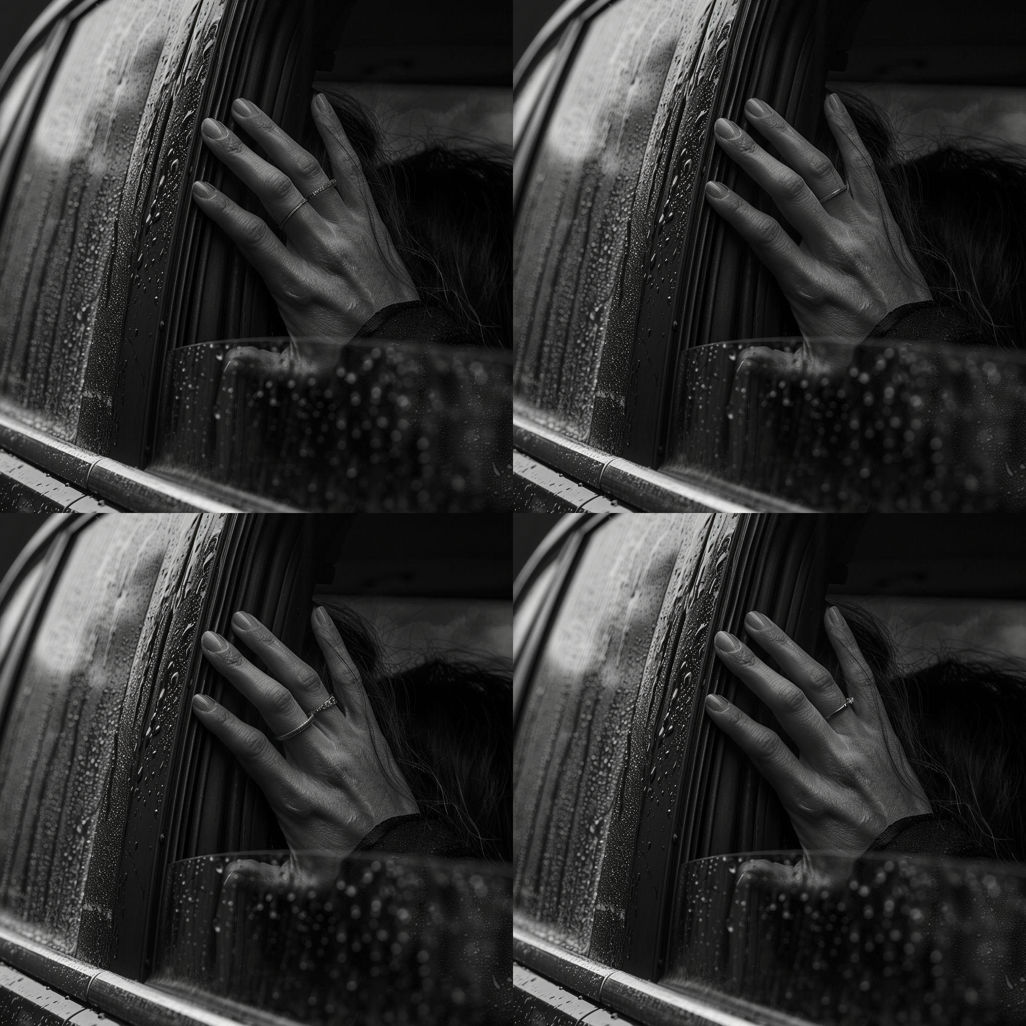 女人戴戒指，车内局部特写，下雨天，黑白风格，手伸出车窗外，哀伤、孤独。