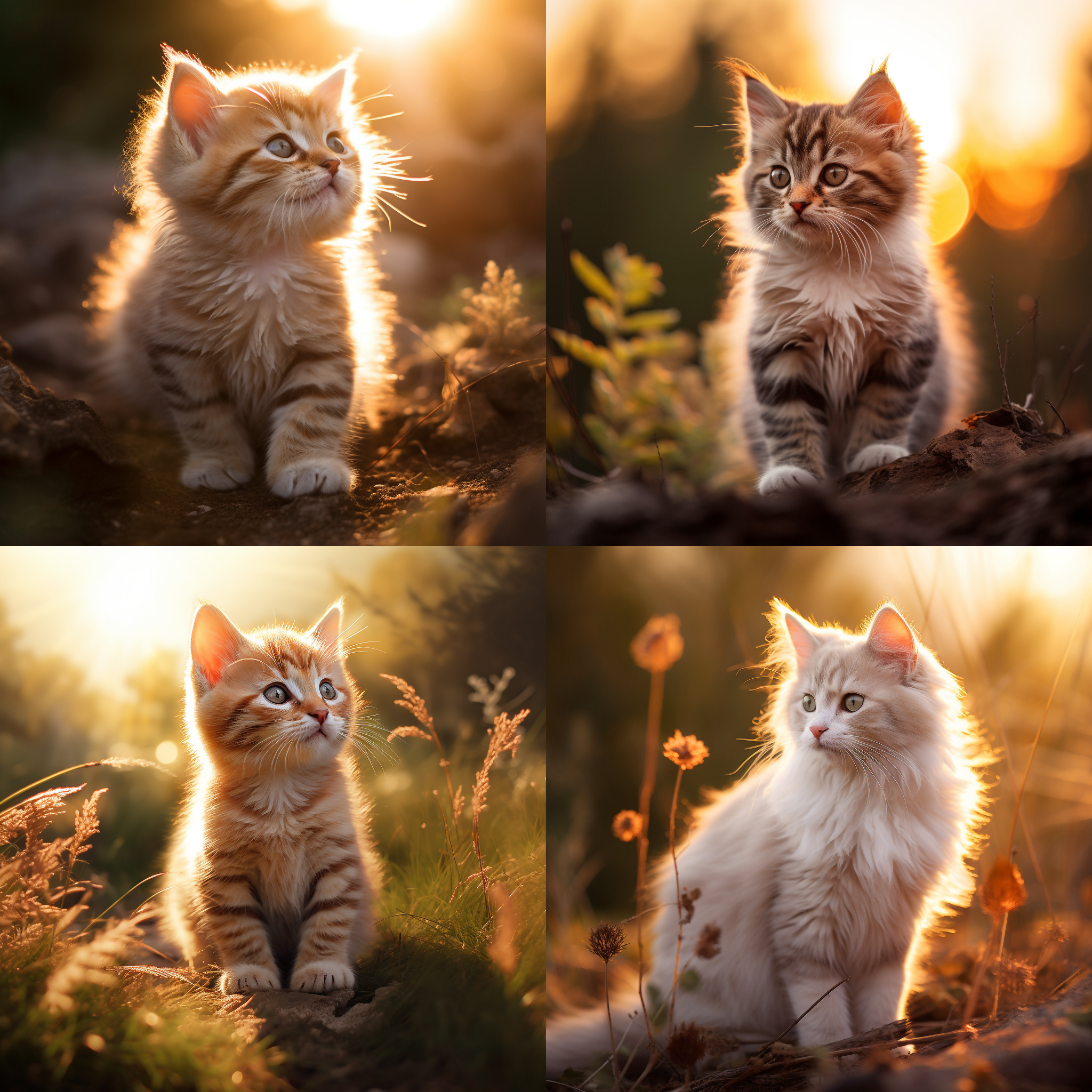 小猫玩耍，日落背景，柔和光线，特写镜头，毛发细节，温暖色调，可爱表情，自然元素，抓拍，生动。