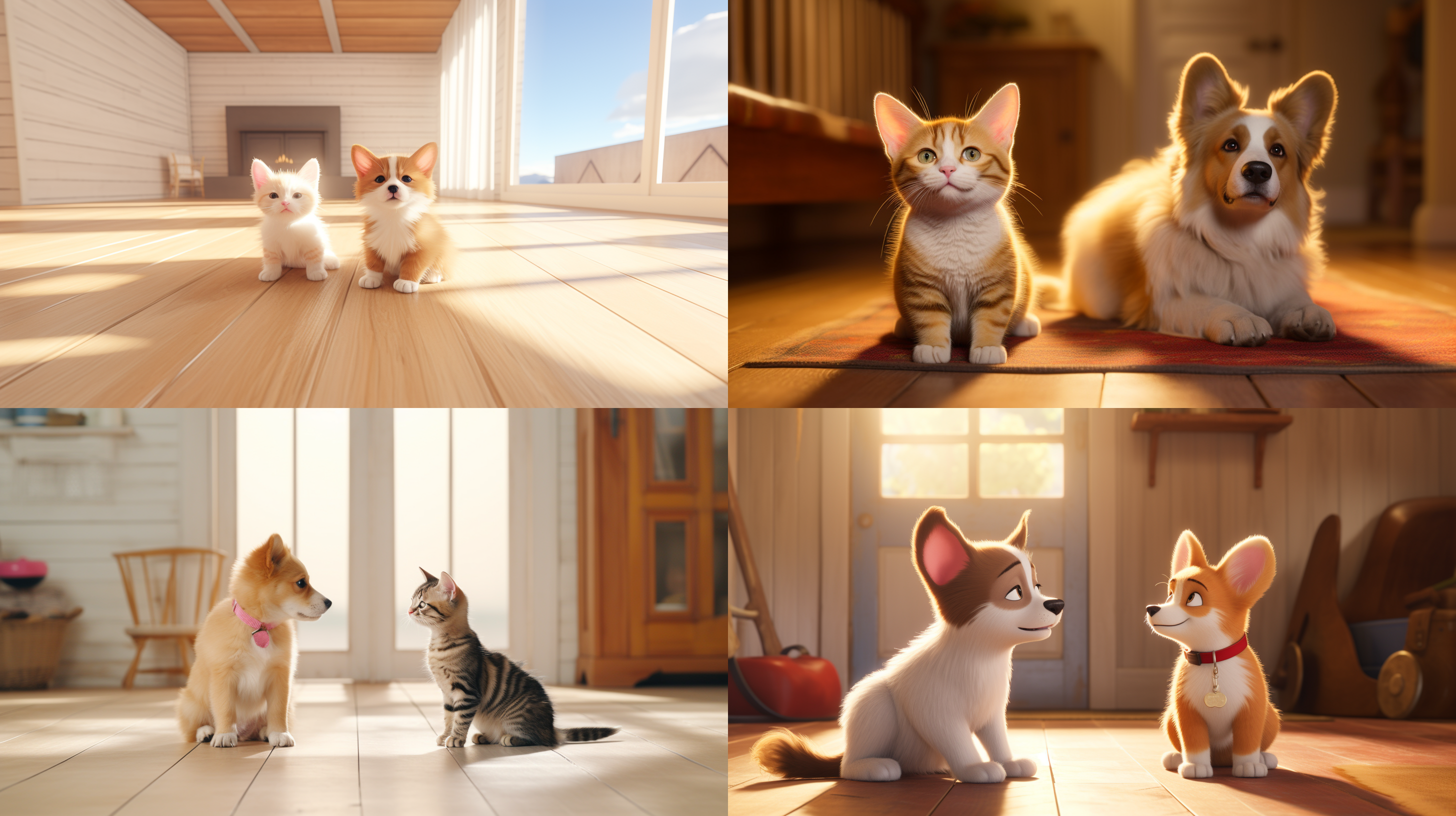 一猫一狗 安静的坐在地板上，可爱的布偶猫和柯基，客厅环境简约温馨，白色地板，光线明亮