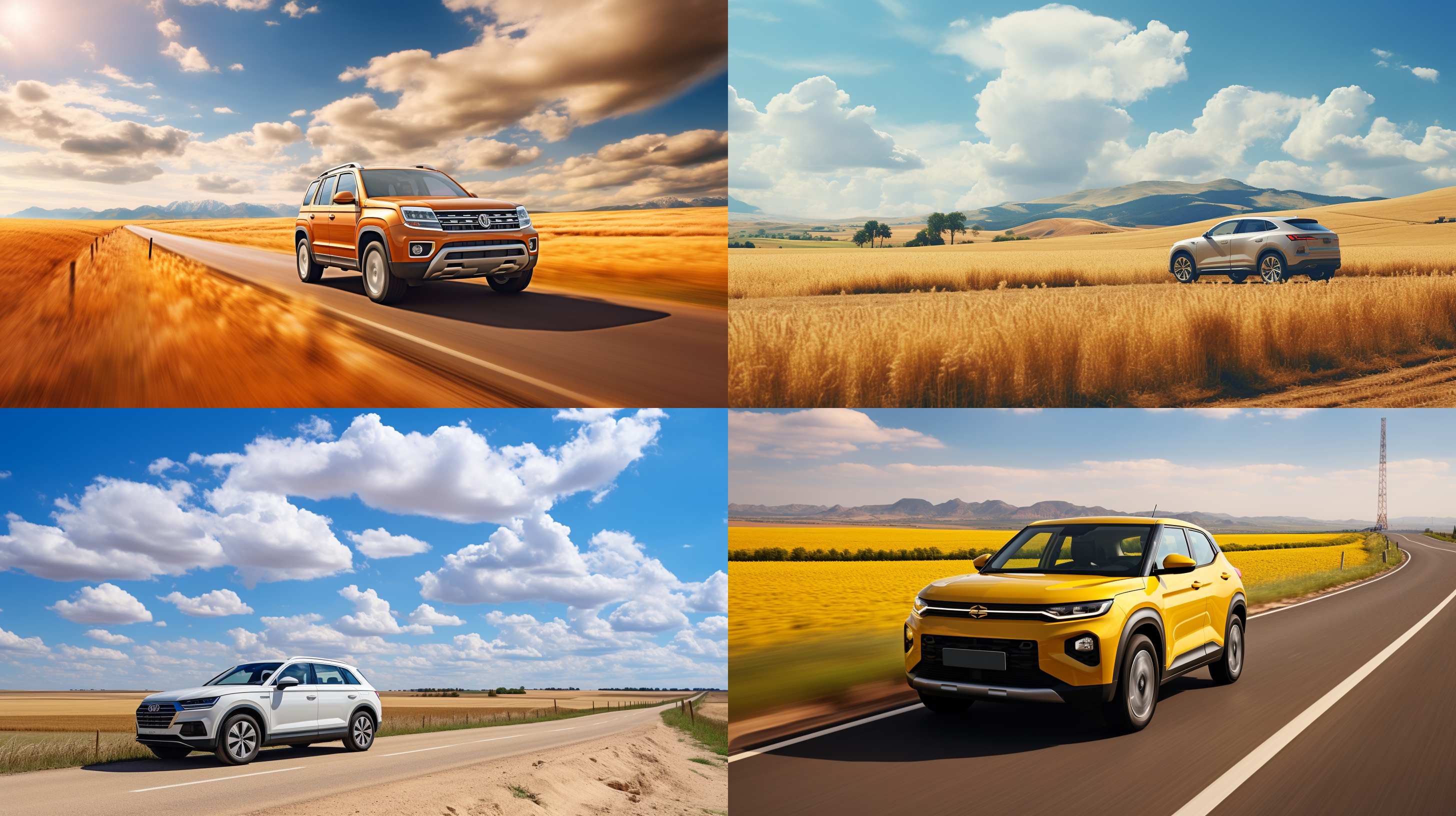 比亚迪秦电动汽车行驶在宁静的乡村小路上，背景是一片金黄色的麦田和蓝天白云。车身线条流畅，整洁干净。,电动汽车,乡村小路,金黄色,蓝天白云,流畅,整洁,干净,汽车风格